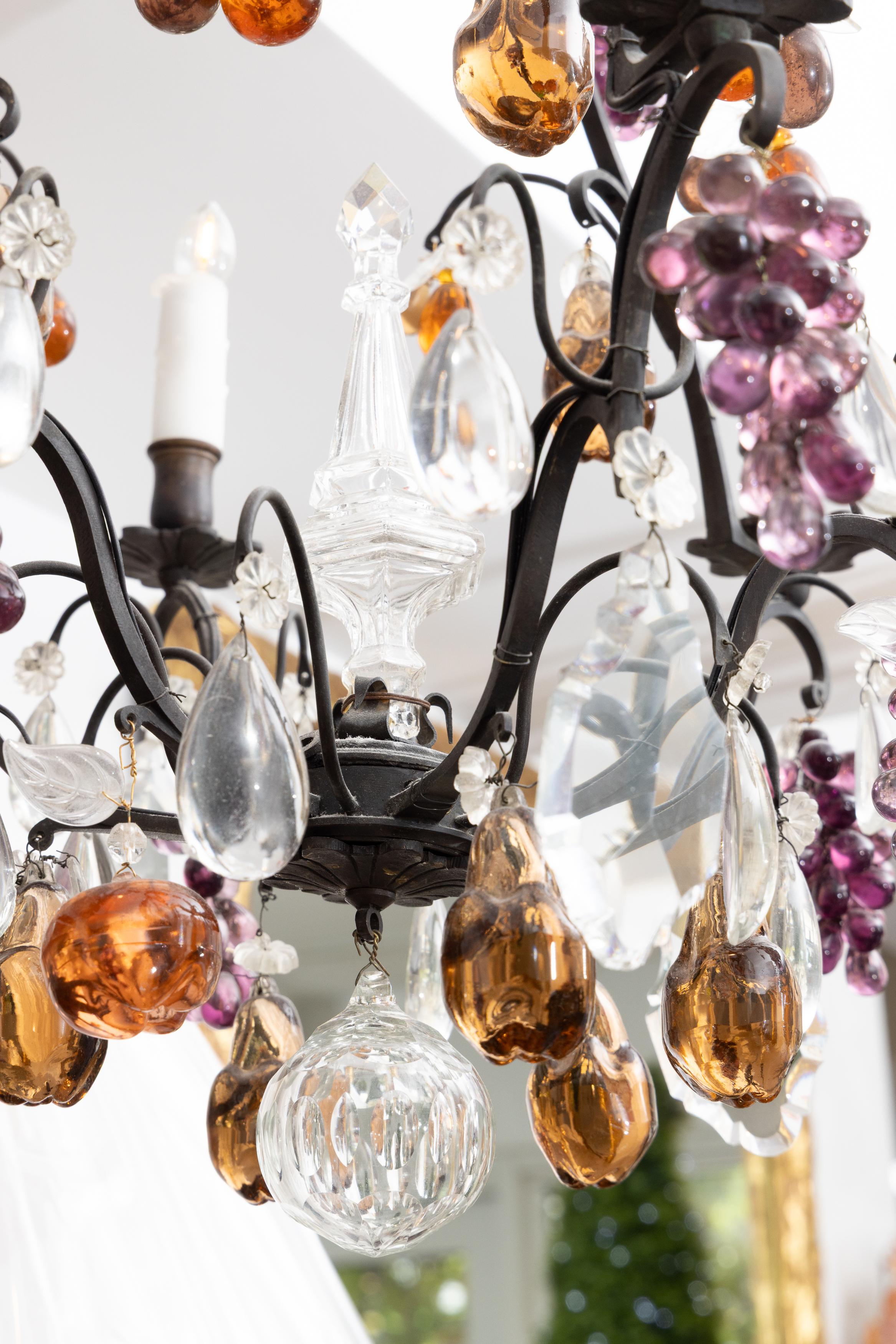 Vintage Italian Brass Chandelier with Clusters of Glass Fruit In Good Condition For Sale In WEST PALM BEACH, FL