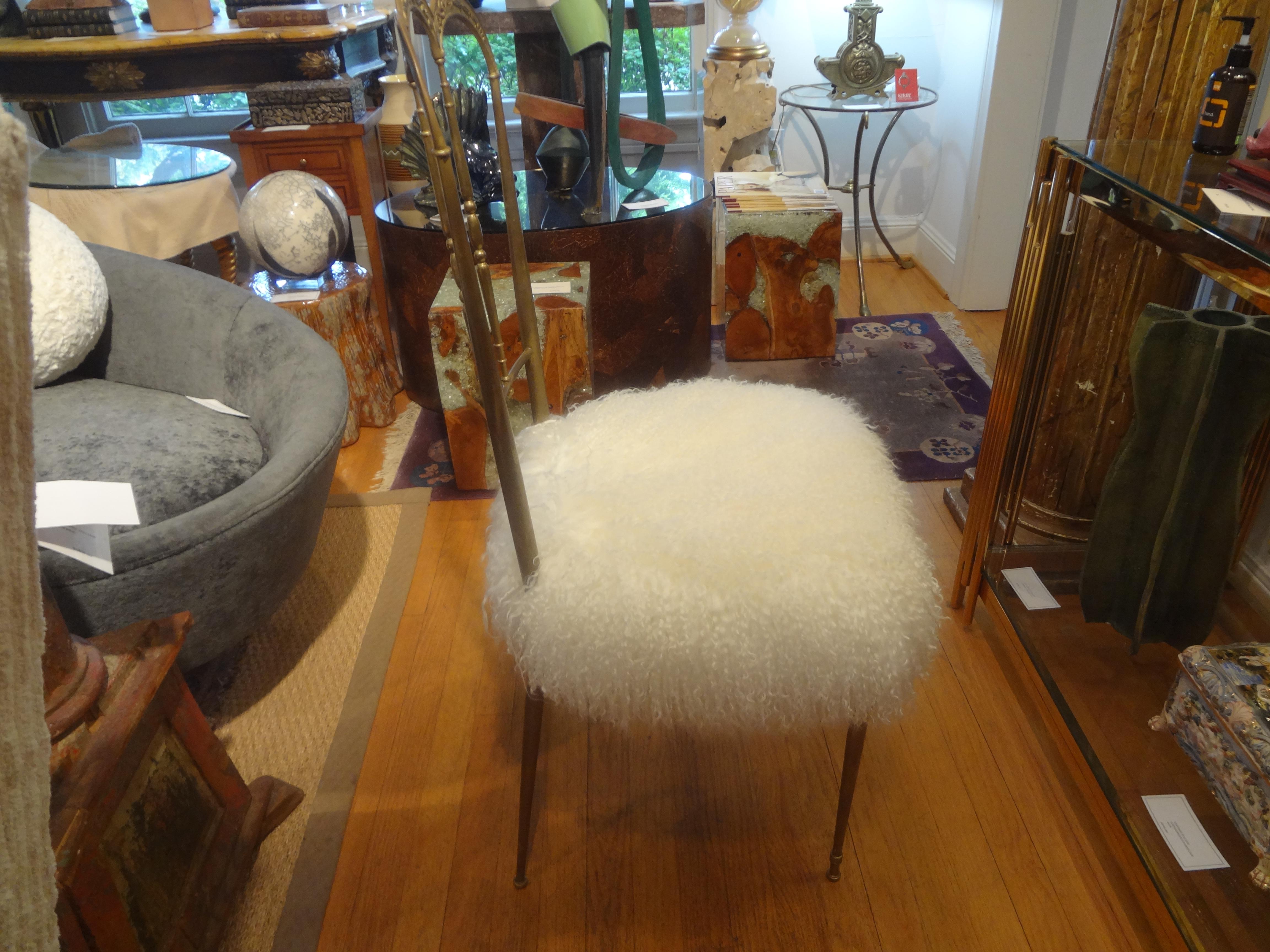 Mid-20th Century Vintage Italian Brass Chiavari Chair Upholstered in Mongolian Lambs Wool