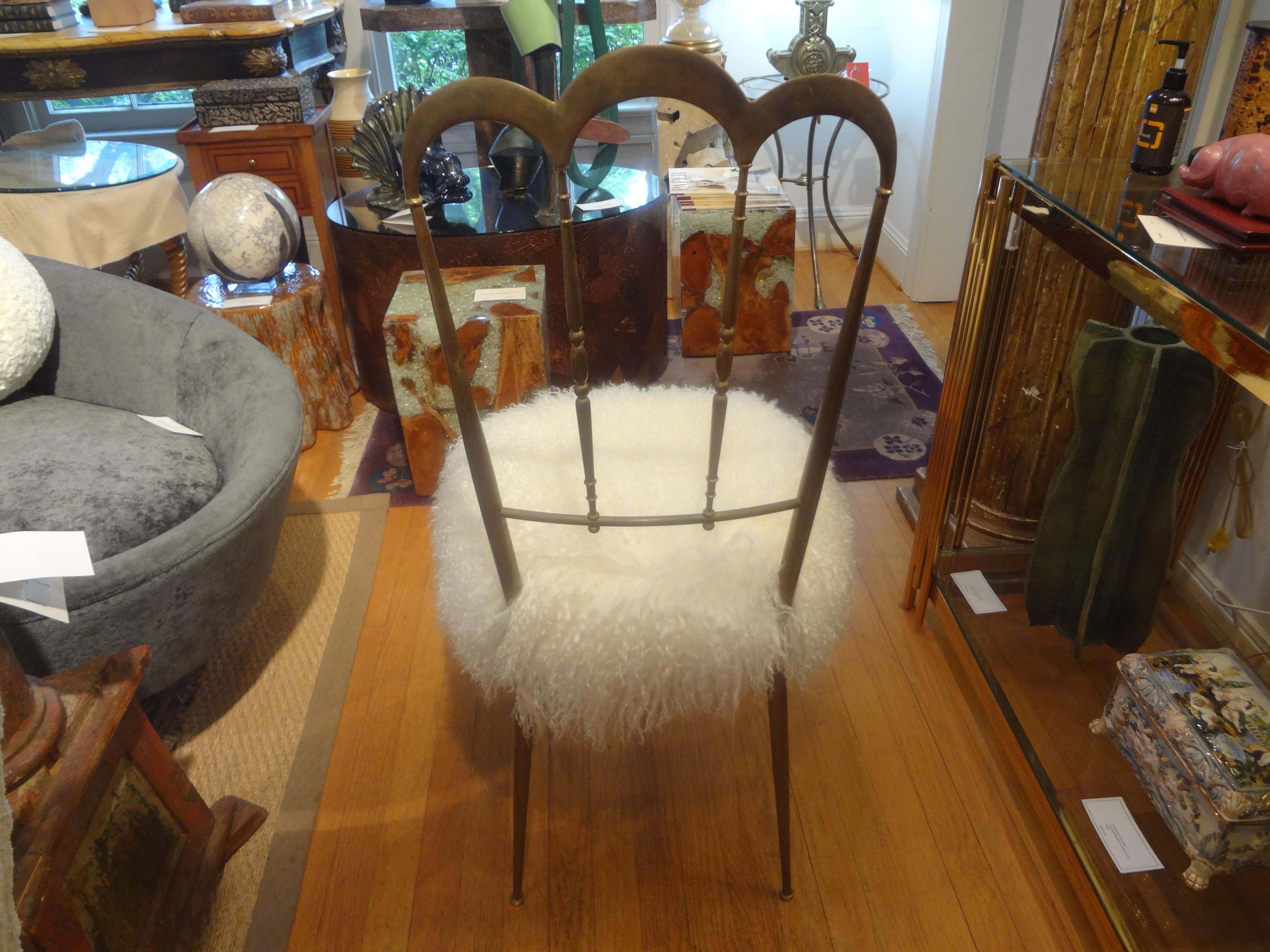 Vintage Italian Brass Chiavari Chair Upholstered in Mongolian Lambs Wool 1
