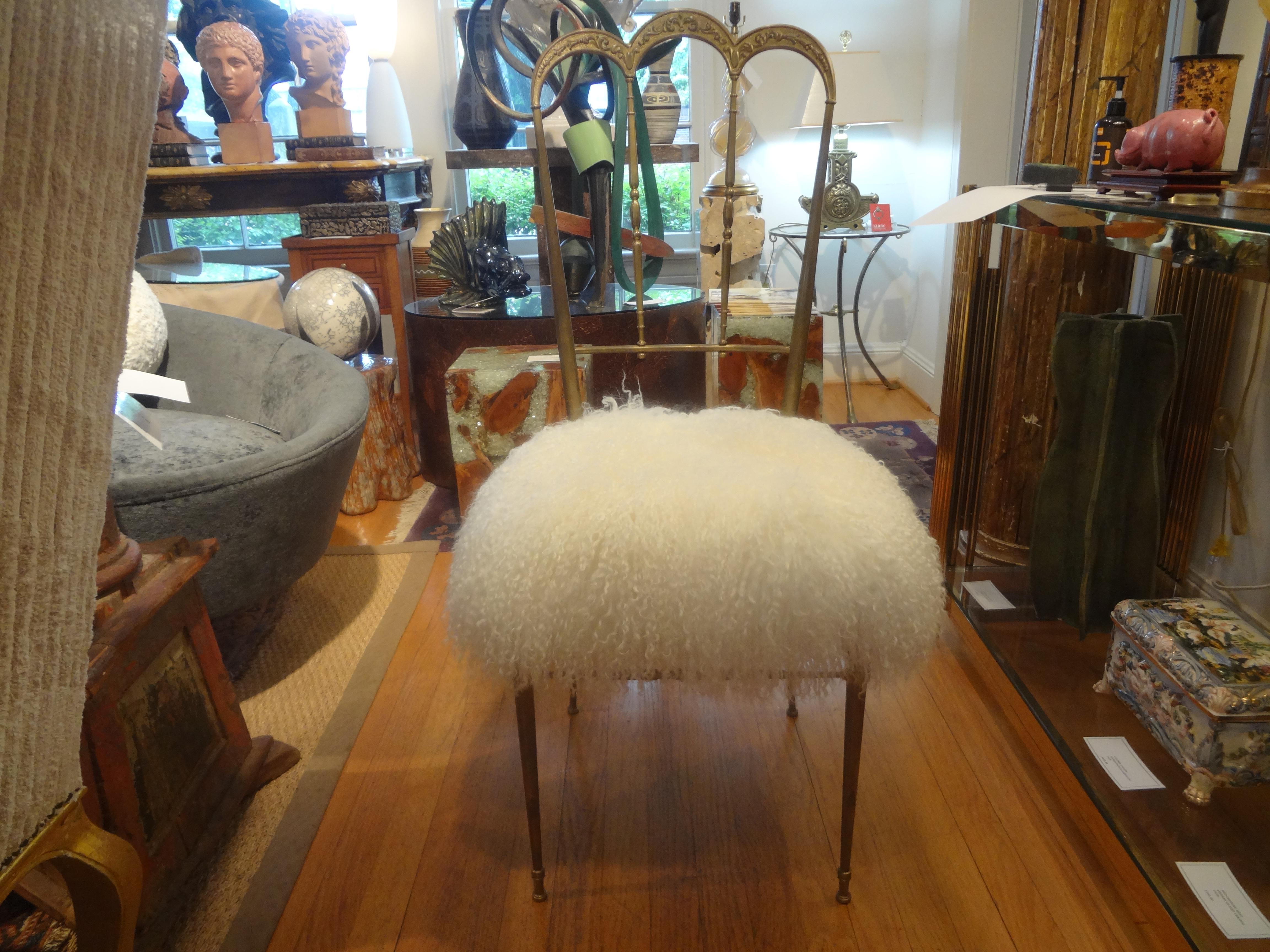 Vintage Italian Brass Chiavari Chair Upholstered in Mongolian Lambs Wool 3