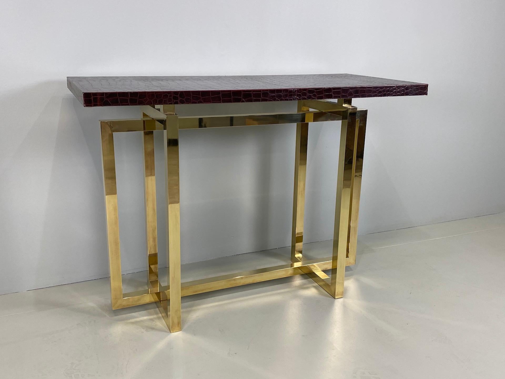 Vintage Italian Brass Console Table with Crocodile Stamped Leather Top 5