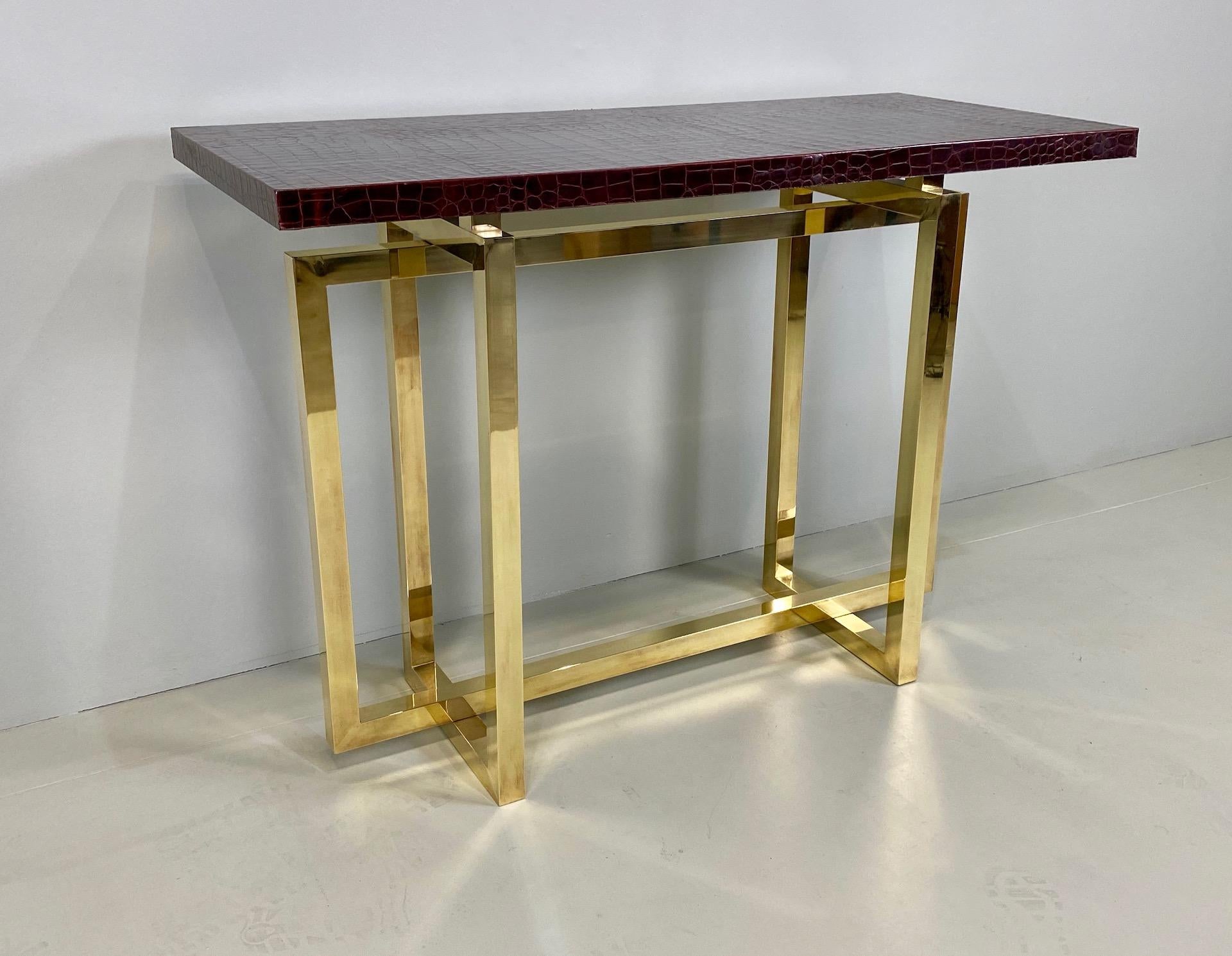 Mid-Century Modern Vintage Italian Brass Console Table with Crocodile Stamped Leather Top