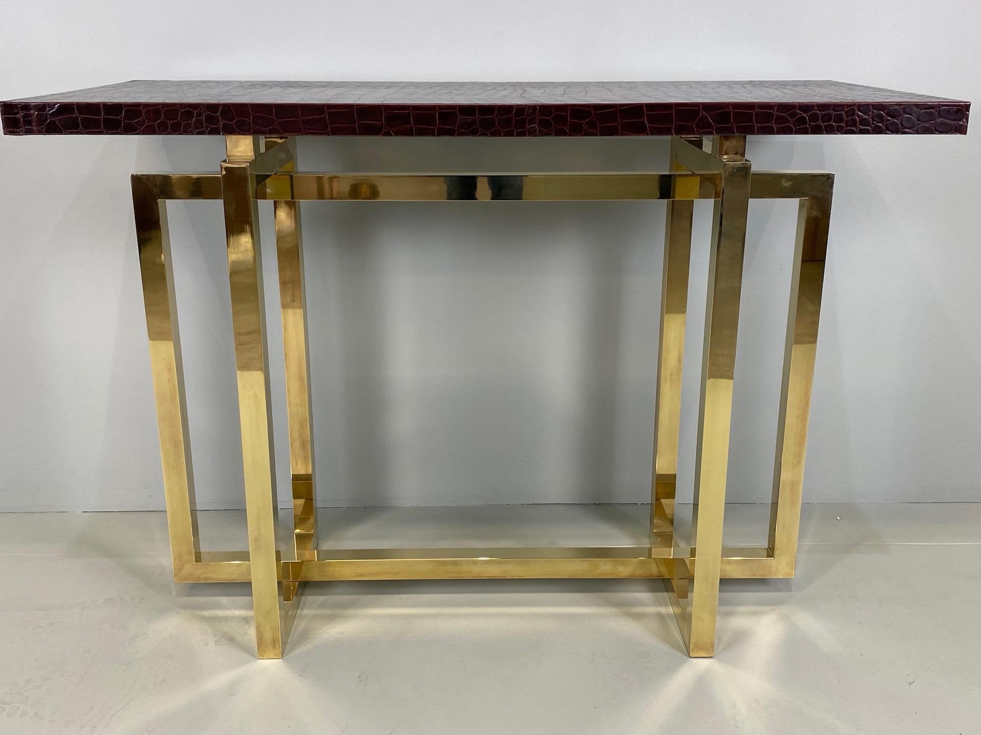 Vintage Italian Brass Console Table with Crocodile Stamped Leather Top 3
