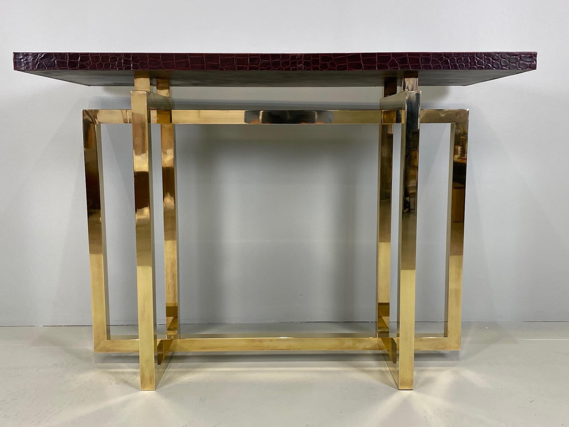 Vintage Italian Brass Console Table with Crocodile Stamped Leather Top 4
