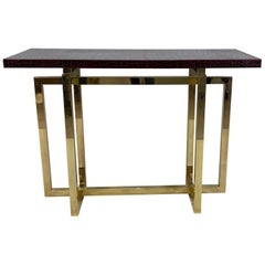 Vintage Italian Brass Console Table with Crocodile Stamped Leather Top