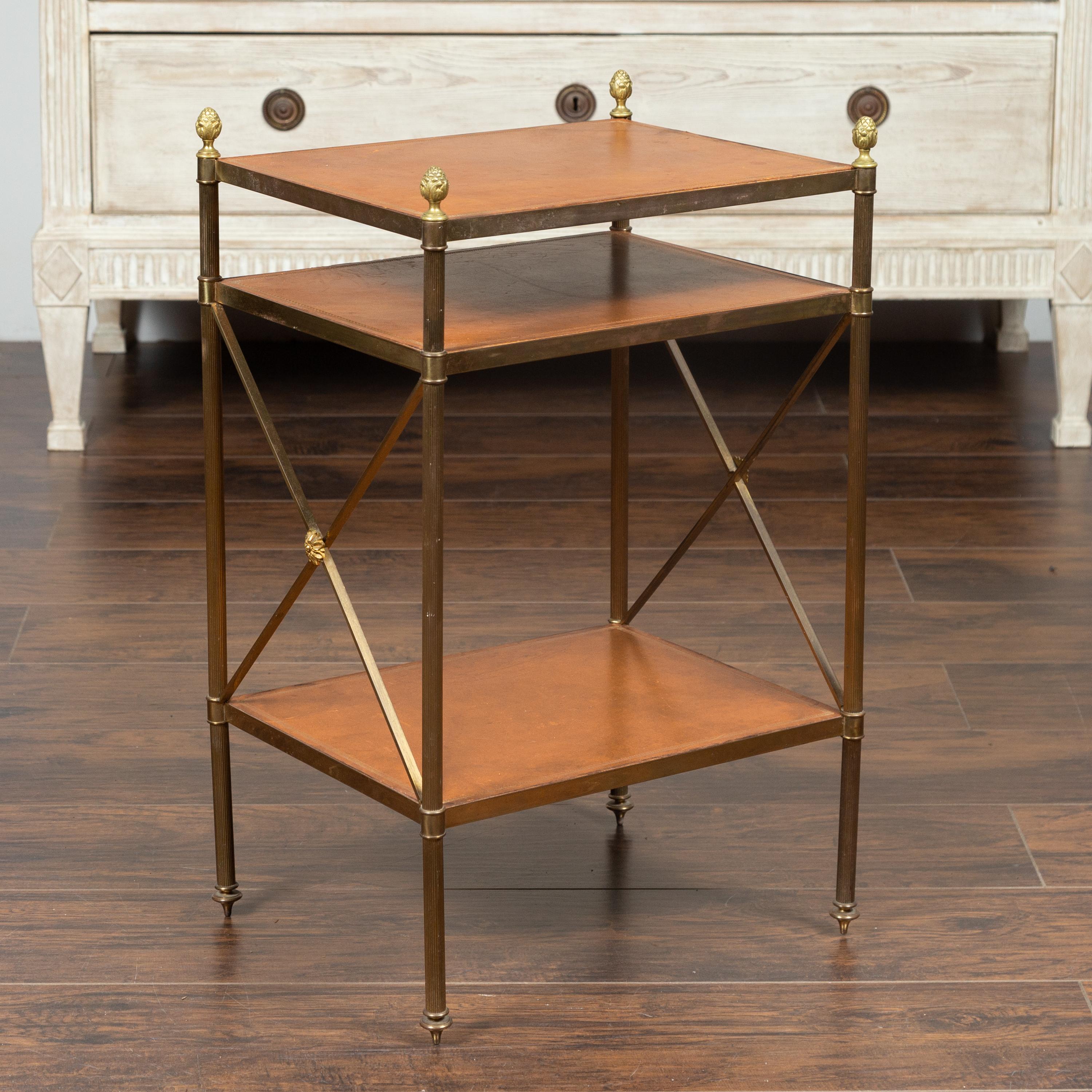 Mid-Century Modern Vintage Italian Brass Etagère with Leather Shelves, Pinecones and Rosettes