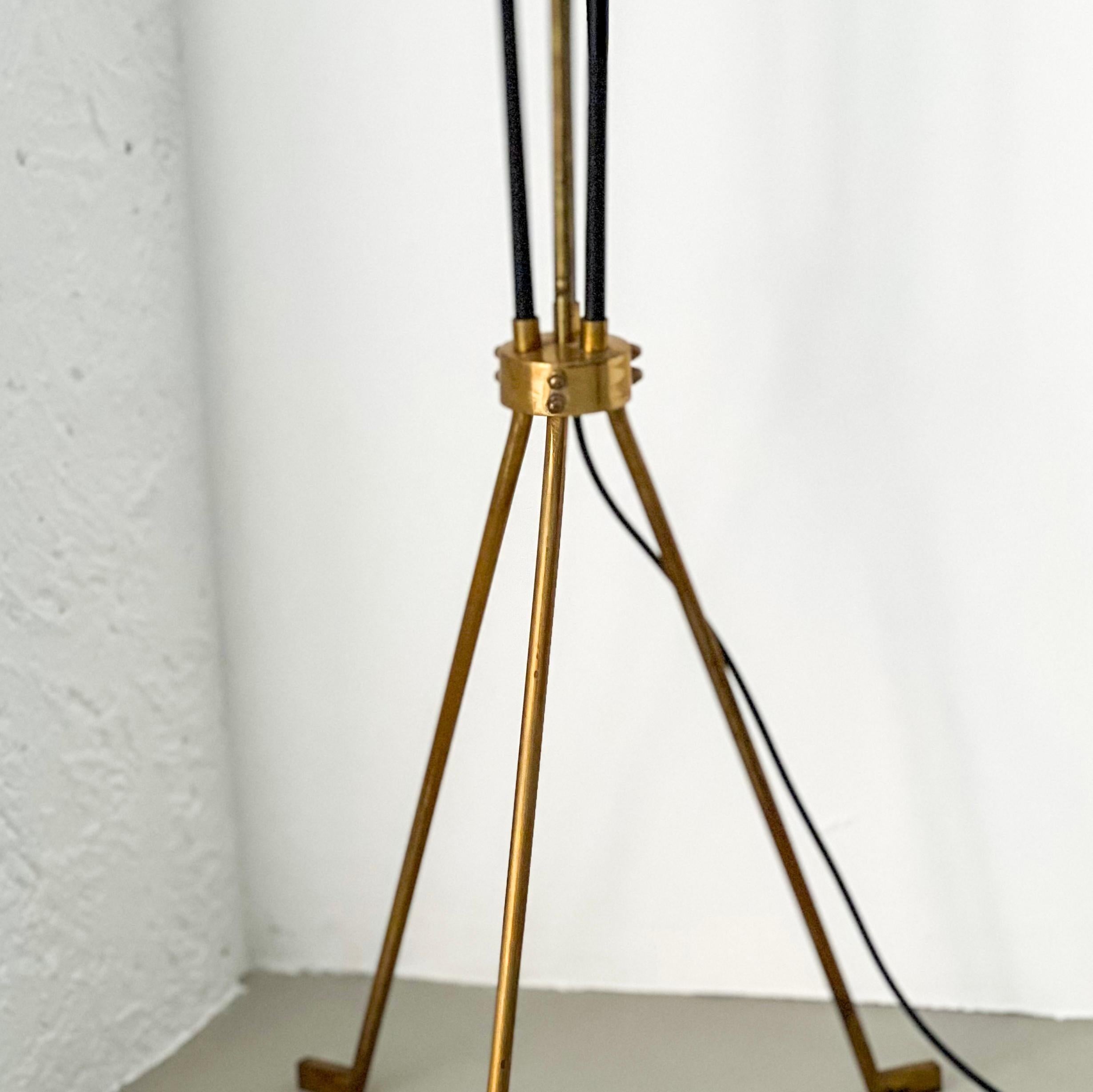 Mid-20th Century Vintage Italian Brass Floor Lamp in the style of Stilnovo, three legs, opaline For Sale