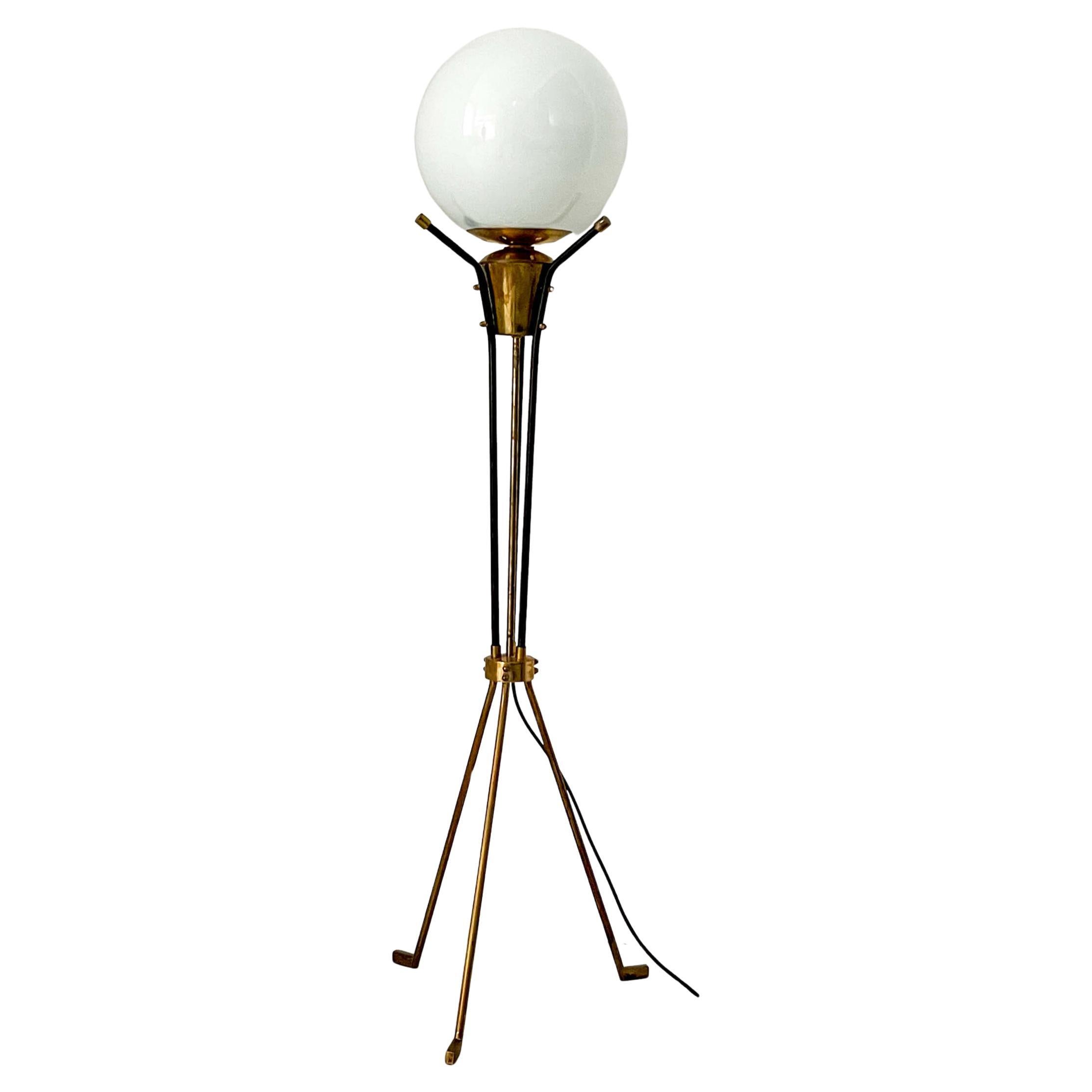 Vintage Italian Brass Floor Lamp in the style of Stilnovo, three legs, opaline For Sale
