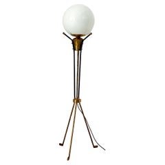 Vintage Italian Brass Floor Lamp in the style of Stilnovo, three legs, opaline