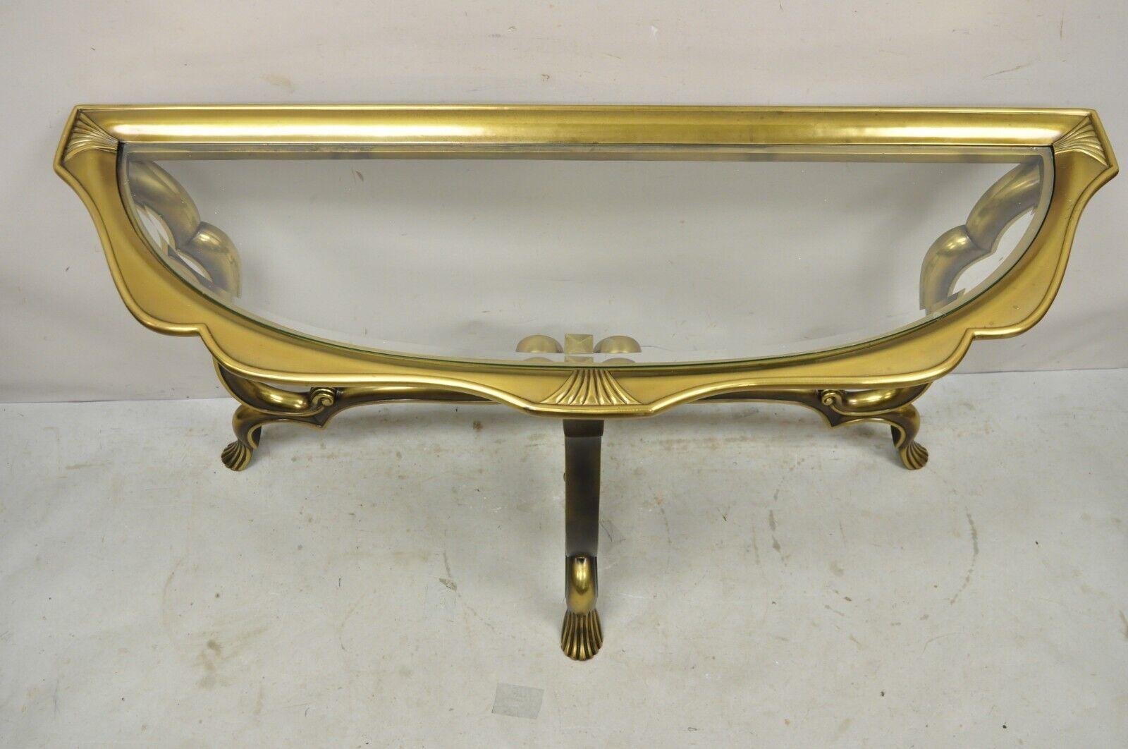 Vintage Italian Brass Hollywood Regency Glass Top Console Sofa Hall Table In Good Condition For Sale In Philadelphia, PA