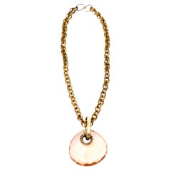 Vintage Italian Brass Link Chain and Diamond Faceted Glass Pendant Necklace