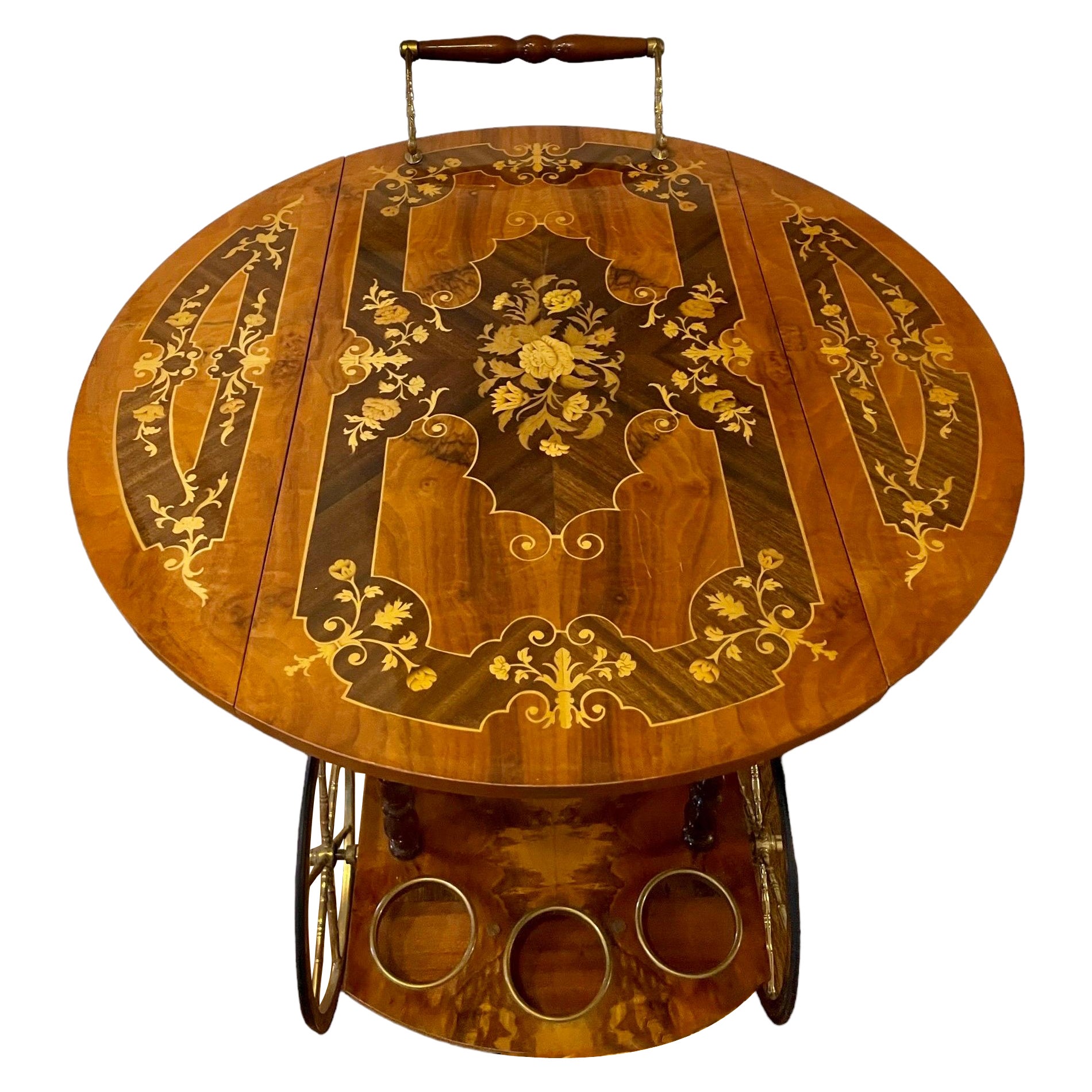 Vintage Italian Brass Marquetry Bar Cart Hollywood Regency Dessert Cart