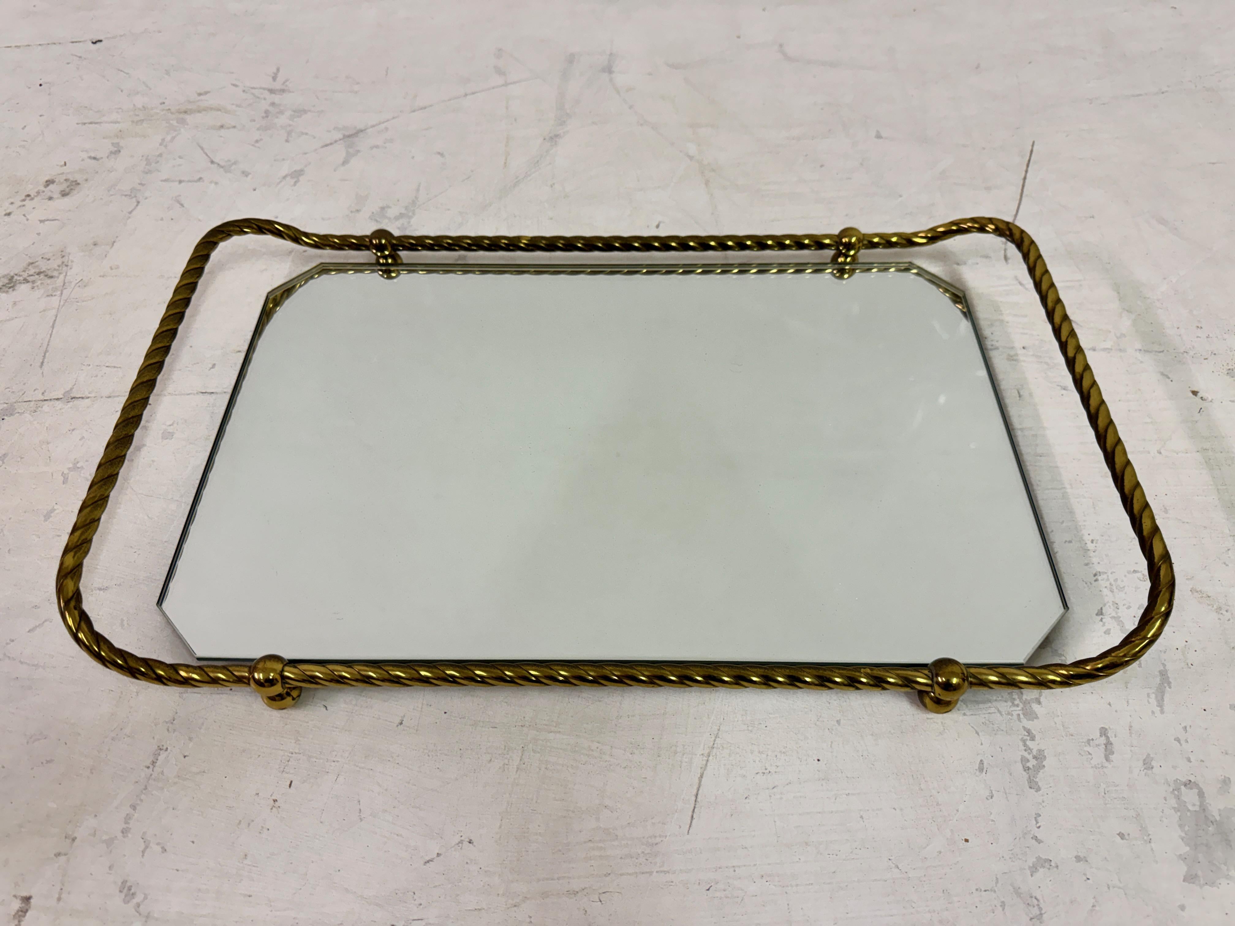 Mid-Century Modern Vintage Italian Brass Tray With Mirrored Glass For Sale