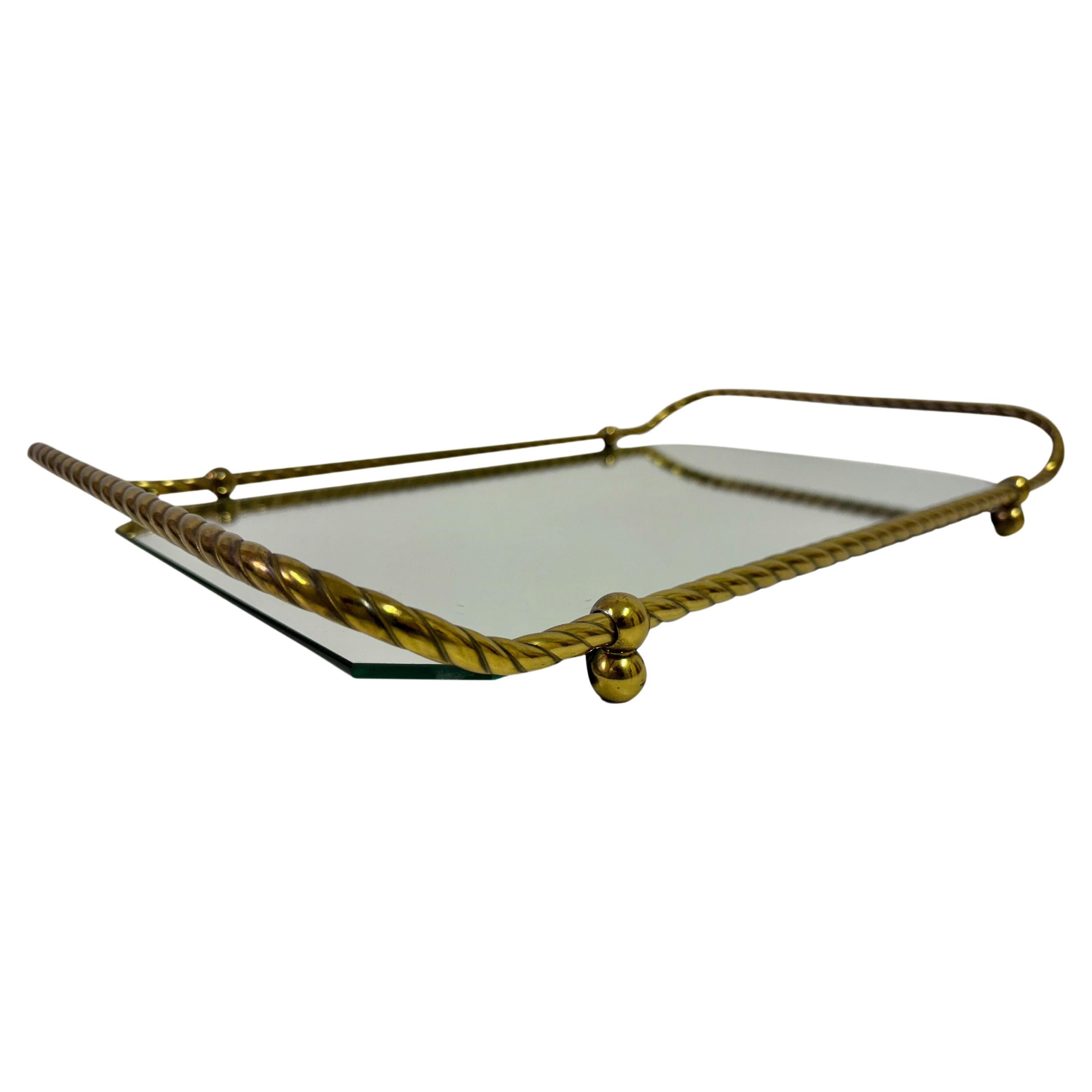 Vintage Italian Brass Tray With Mirrored Glass For Sale