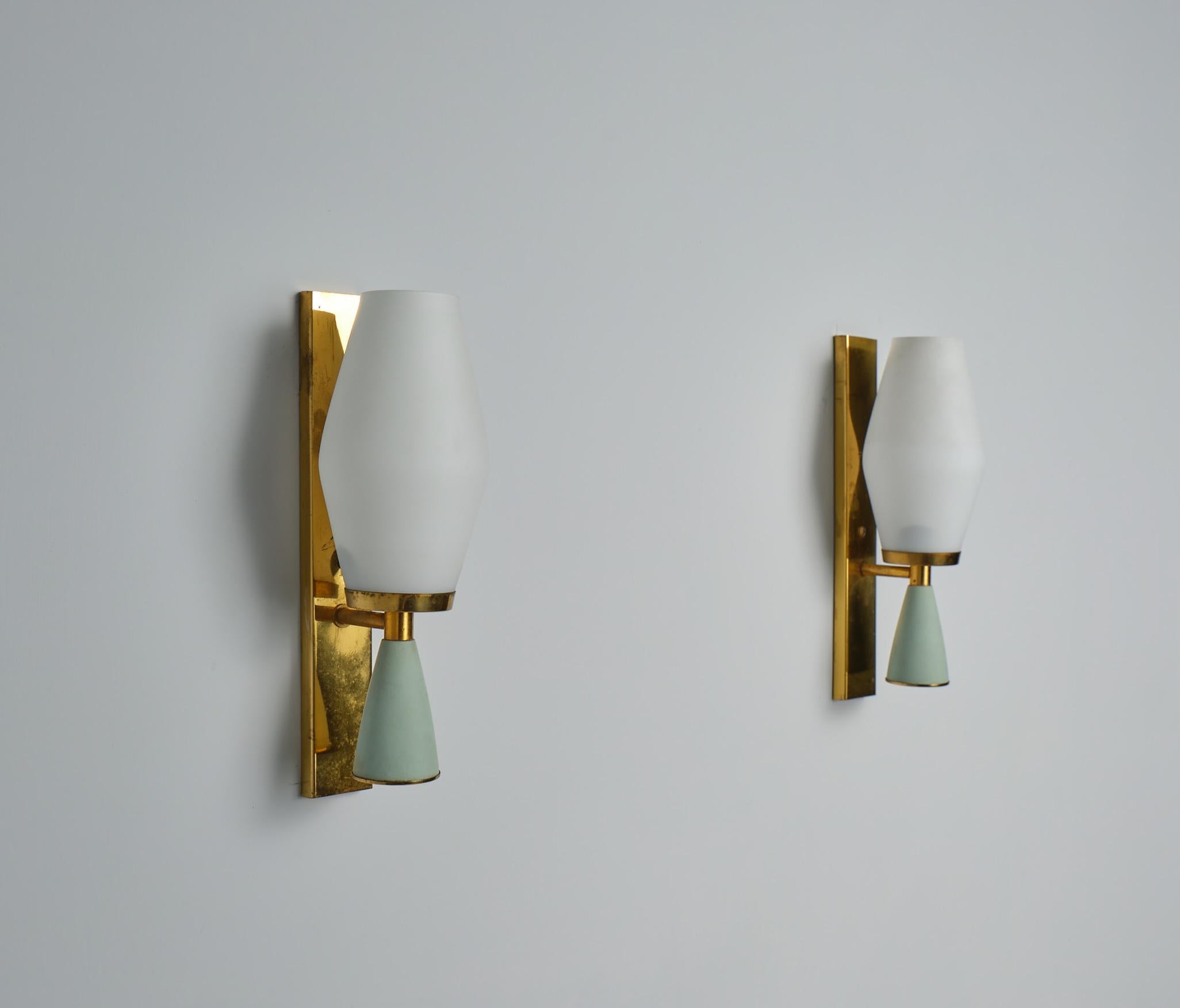 Mid-20th Century Vintage Italian Brass Appliques  - 1950s Elegant Sage Green & Opaline Glass