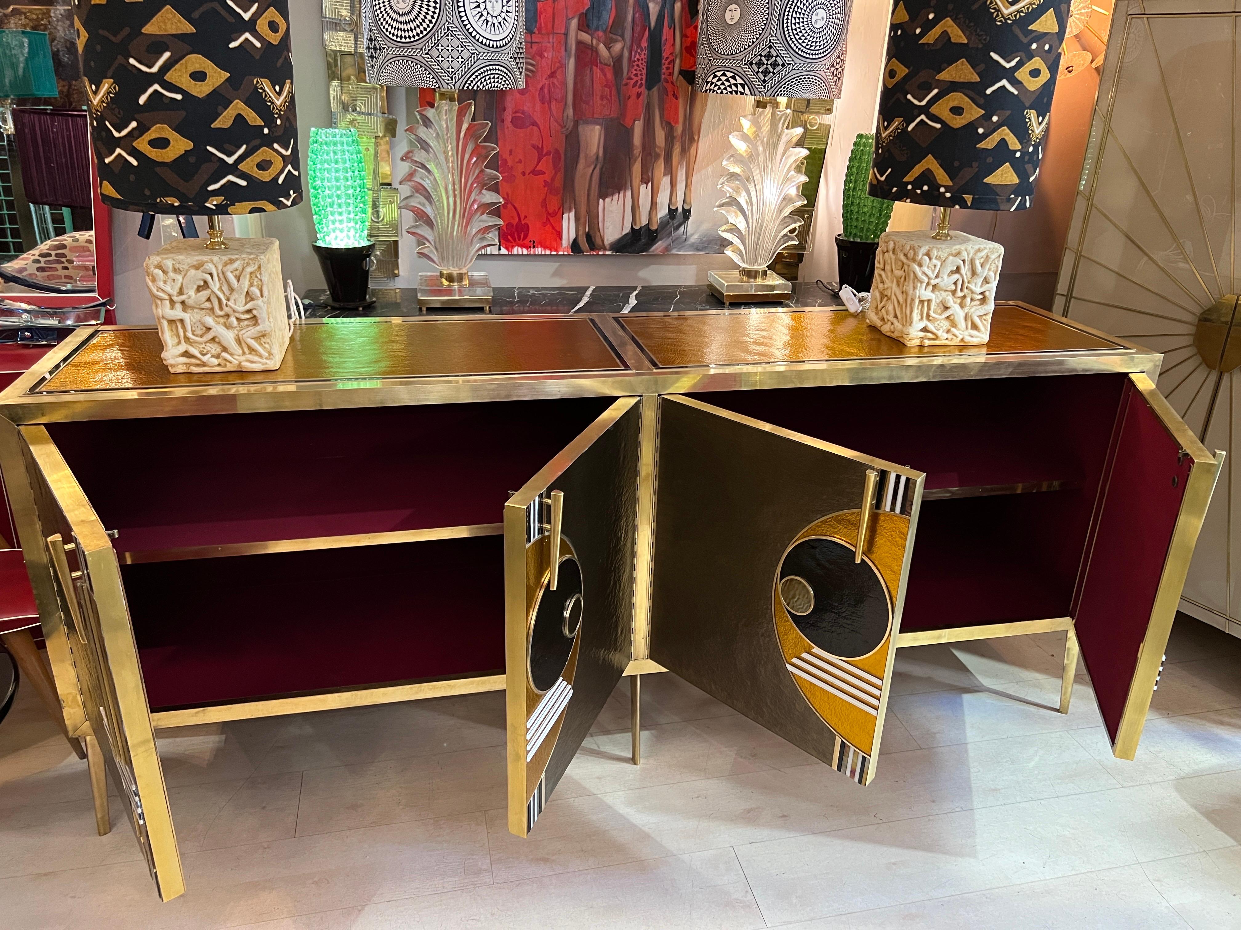 Vintage Italian Bronze and Gold Opaline Glass Credenza with brass fittings, 1980s 8
