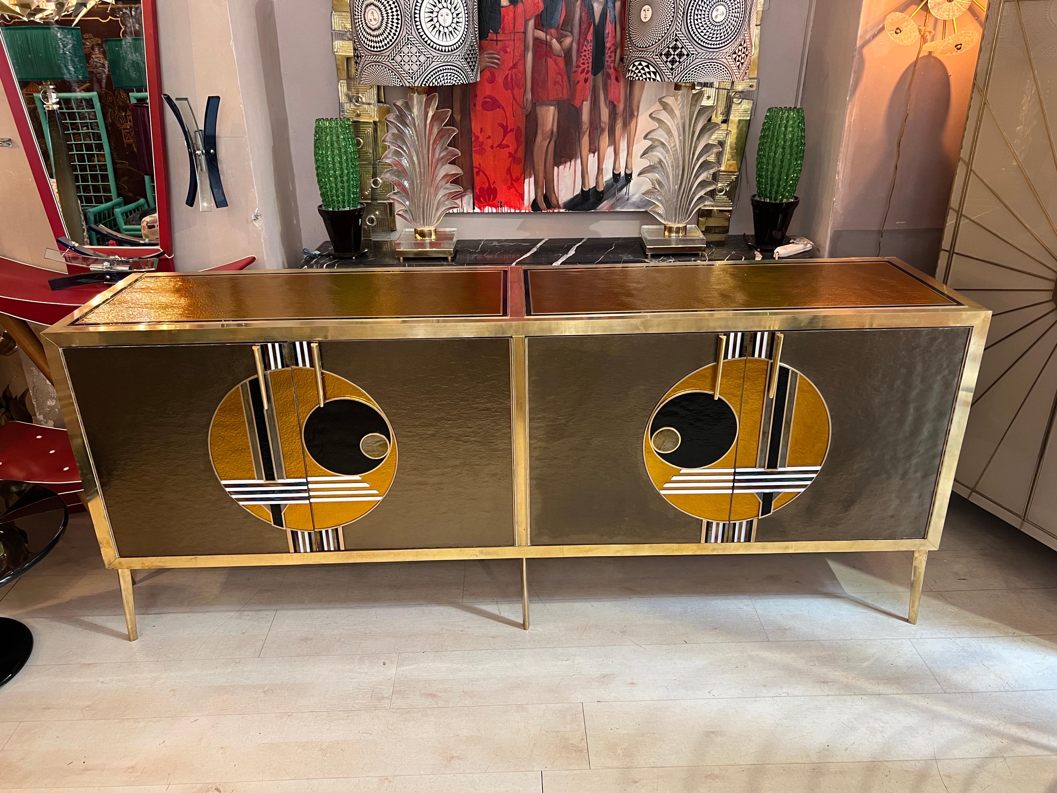 Modern Vintage Italian Bronze and Gold Opaline Glass Credenza with brass fittings, 1980s