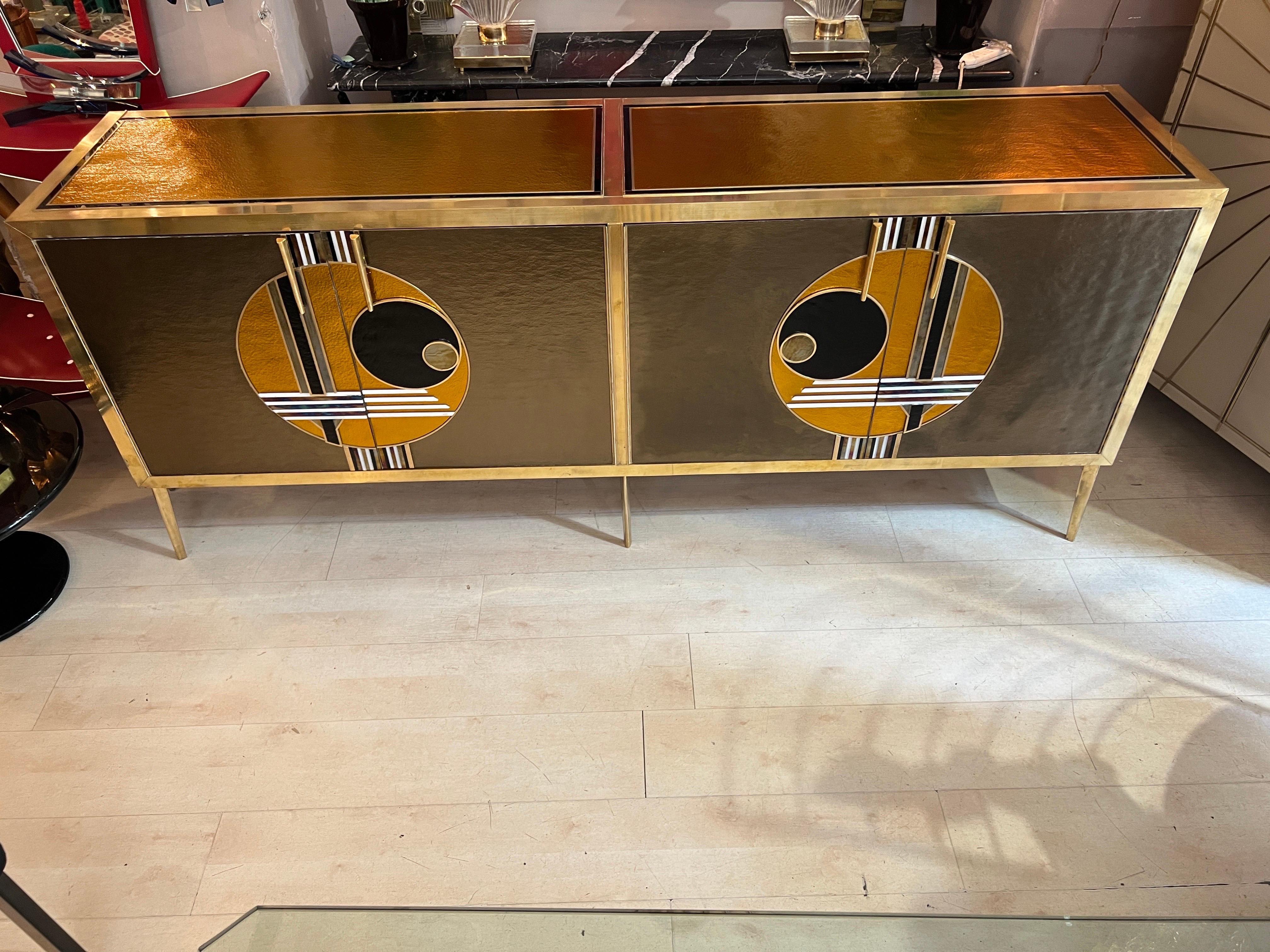 European Vintage Italian Bronze and Gold Opaline Glass Credenza with brass fittings, 1980s