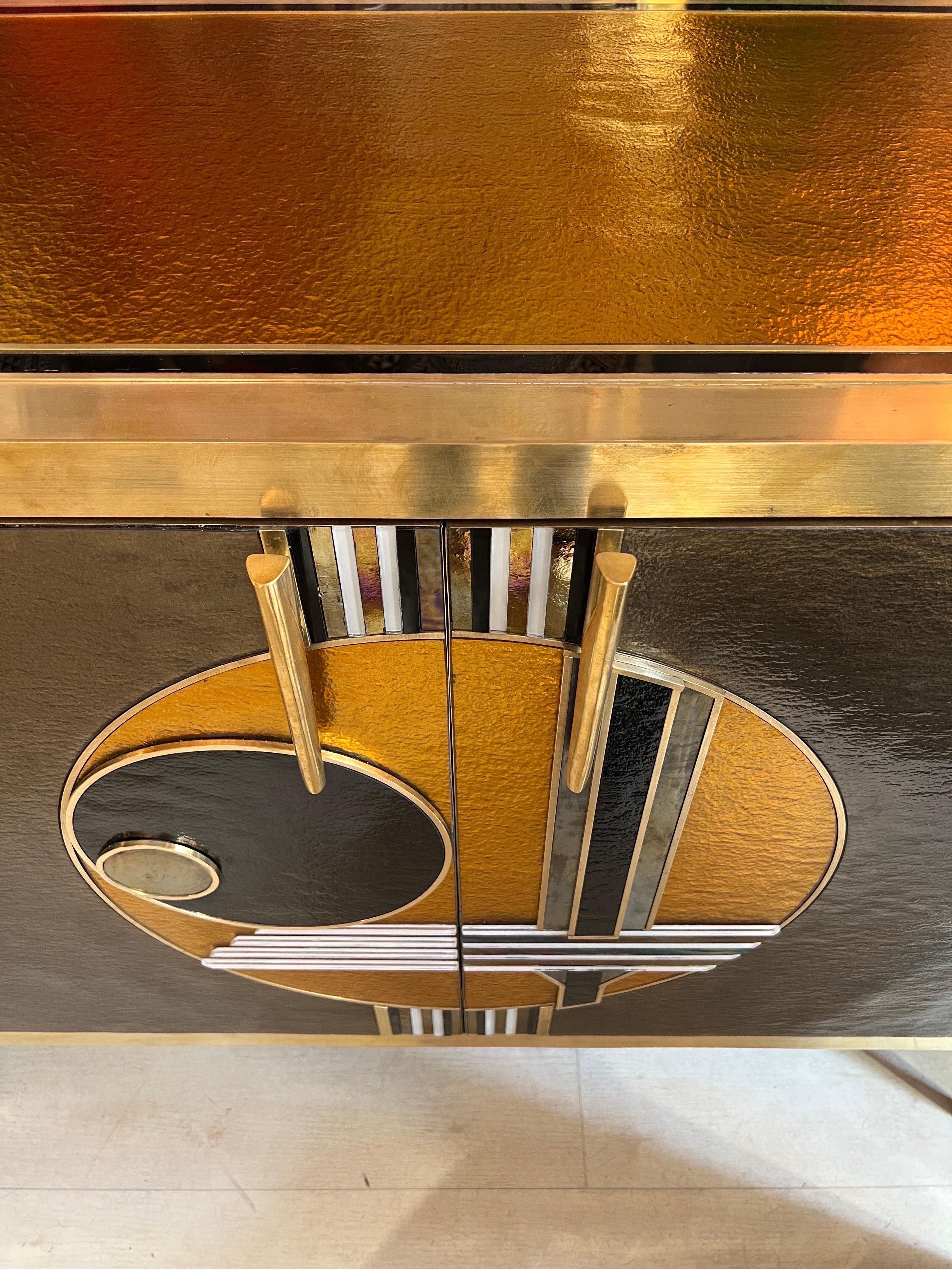 Late 20th Century Vintage Italian Bronze and Gold Opaline Glass Credenza with brass fittings, 1980s