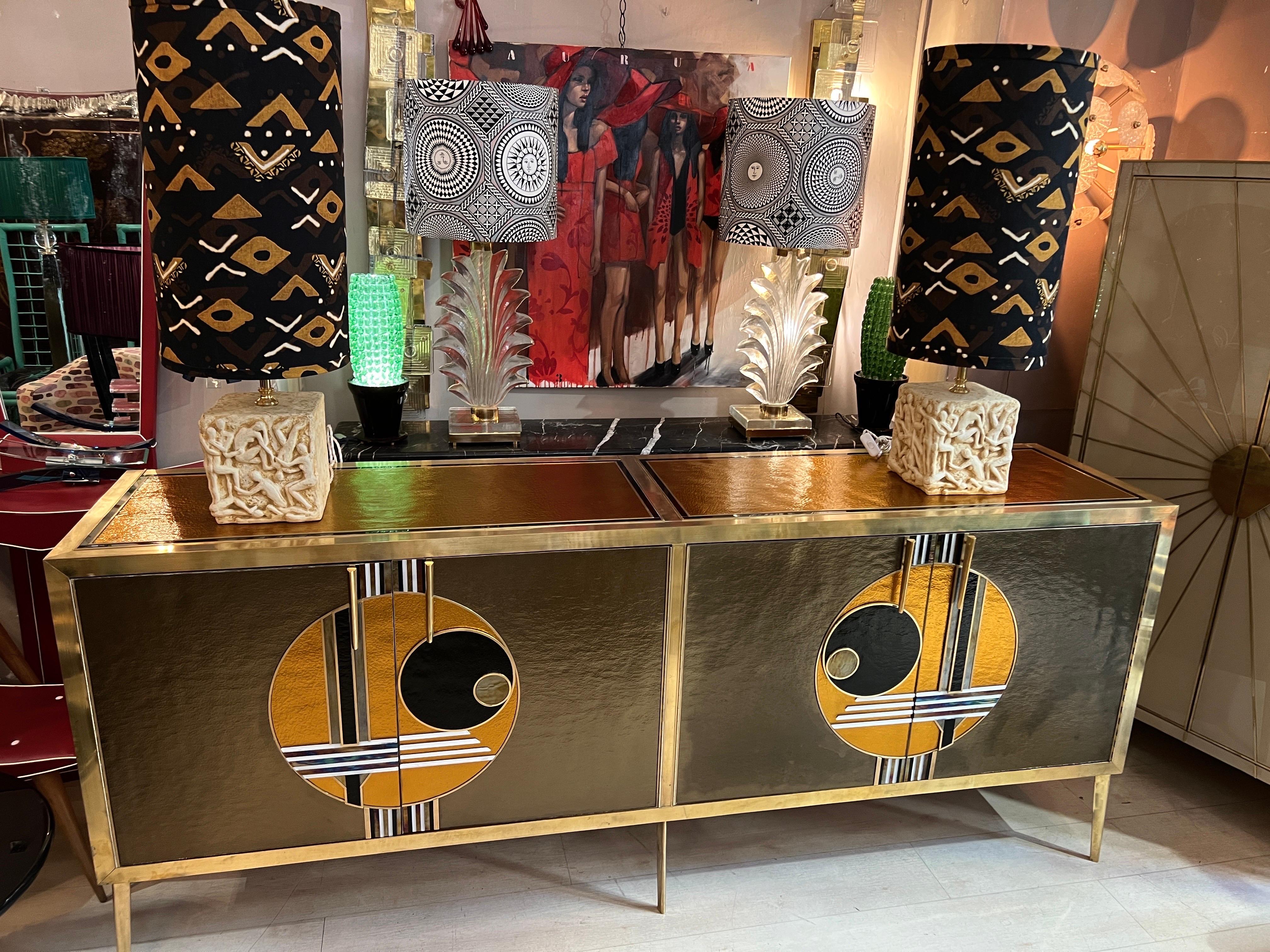 Vintage Italian Bronze and Gold Opaline Glass Credenza with brass fittings, 1980s 2