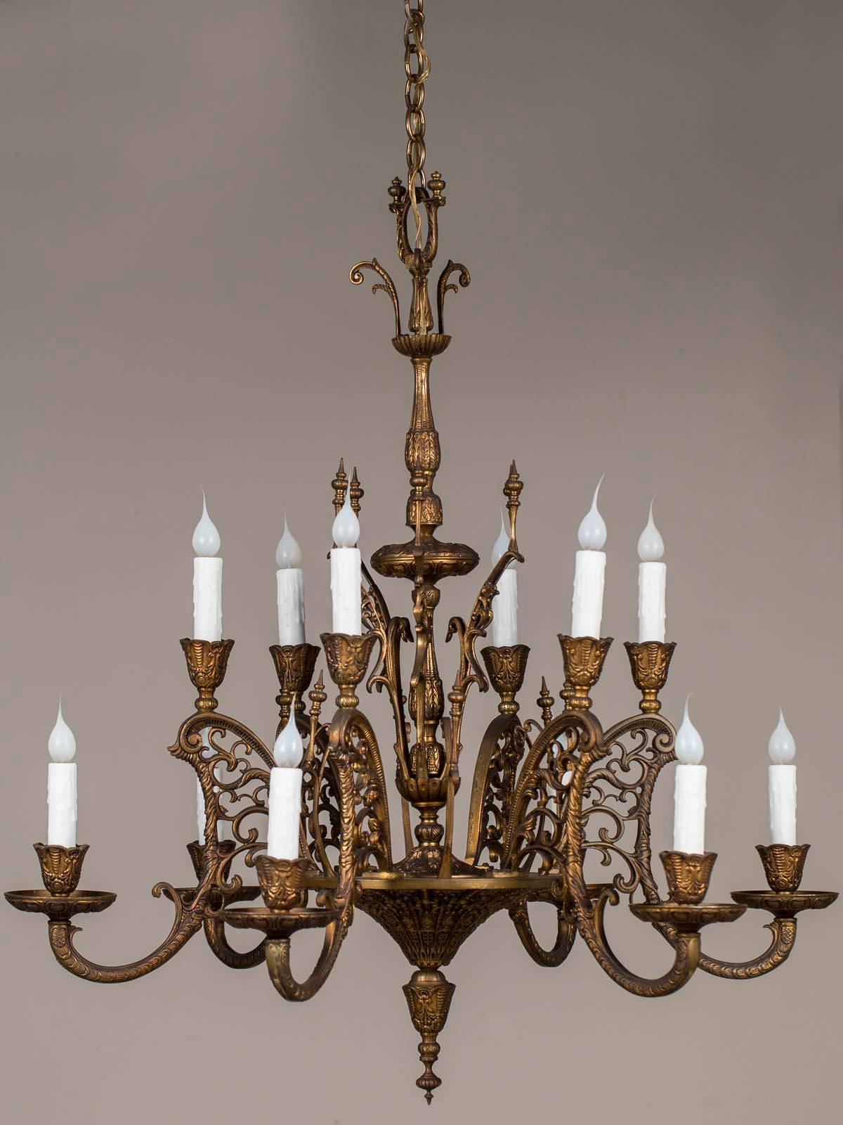 Vintage Italian Bronze Art Nouveau Two-Tier Twelve-Light Chandelier, Italy For Sale 9