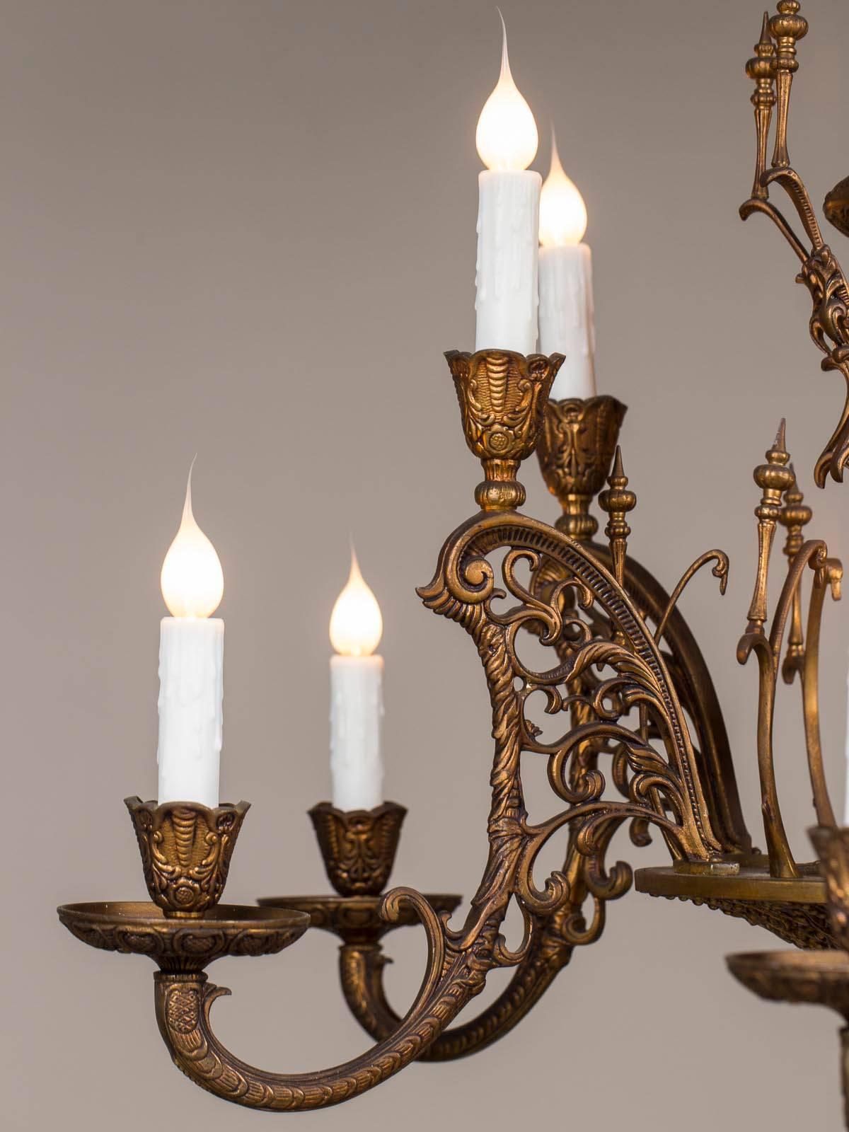 Cast Vintage Italian Bronze Art Nouveau Two-Tier Twelve-Light Chandelier, Italy For Sale