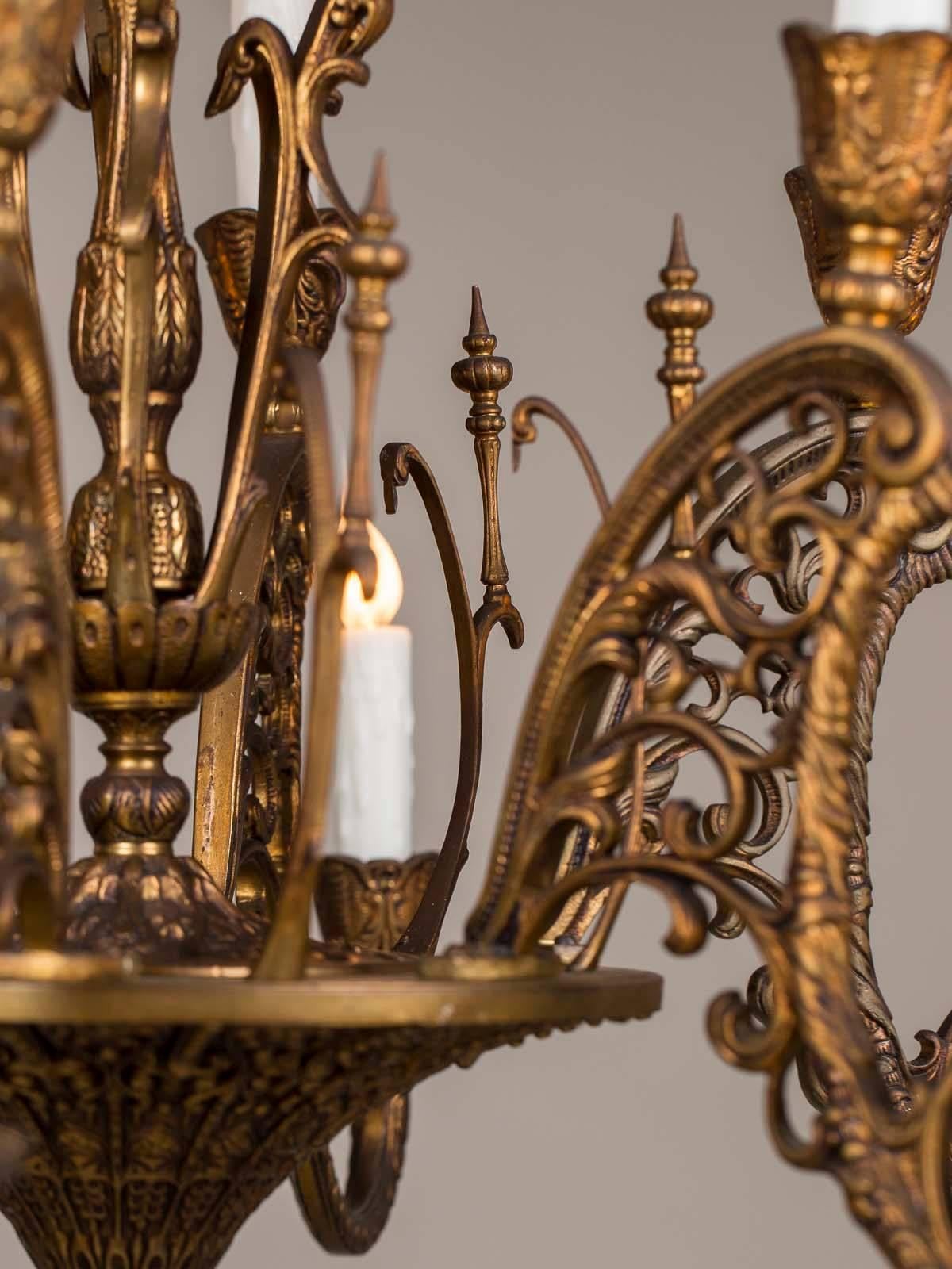 20th Century Vintage Italian Bronze Art Nouveau Two-Tier Twelve-Light Chandelier, Italy For Sale