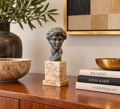 Vintage Italian Bronze Bust of Michelangelo's David on Marble Pedestal, MCM