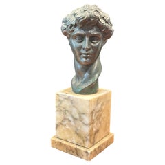 Vintage Italian Bronze Bust of Michelangelo's David on Marble Pedestal, MCM
