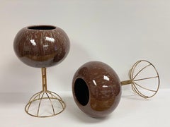 Vintage Italian Brown Ceramic Sphere Planters with Brass Stands, a Pair