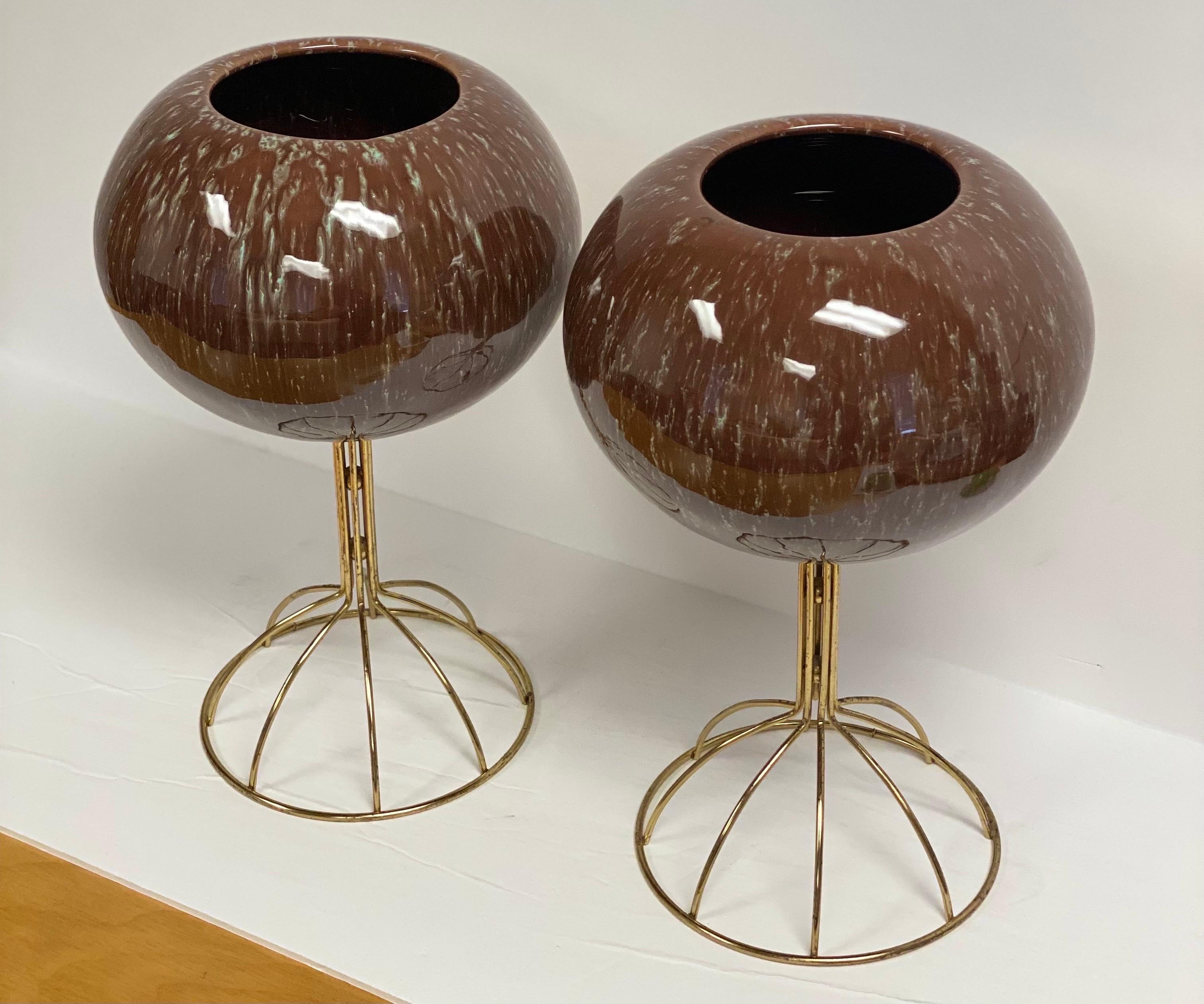 Modern Vintage Italian Brown Ceramic Sphere Planters with Brass Stands, a Pair For Sale