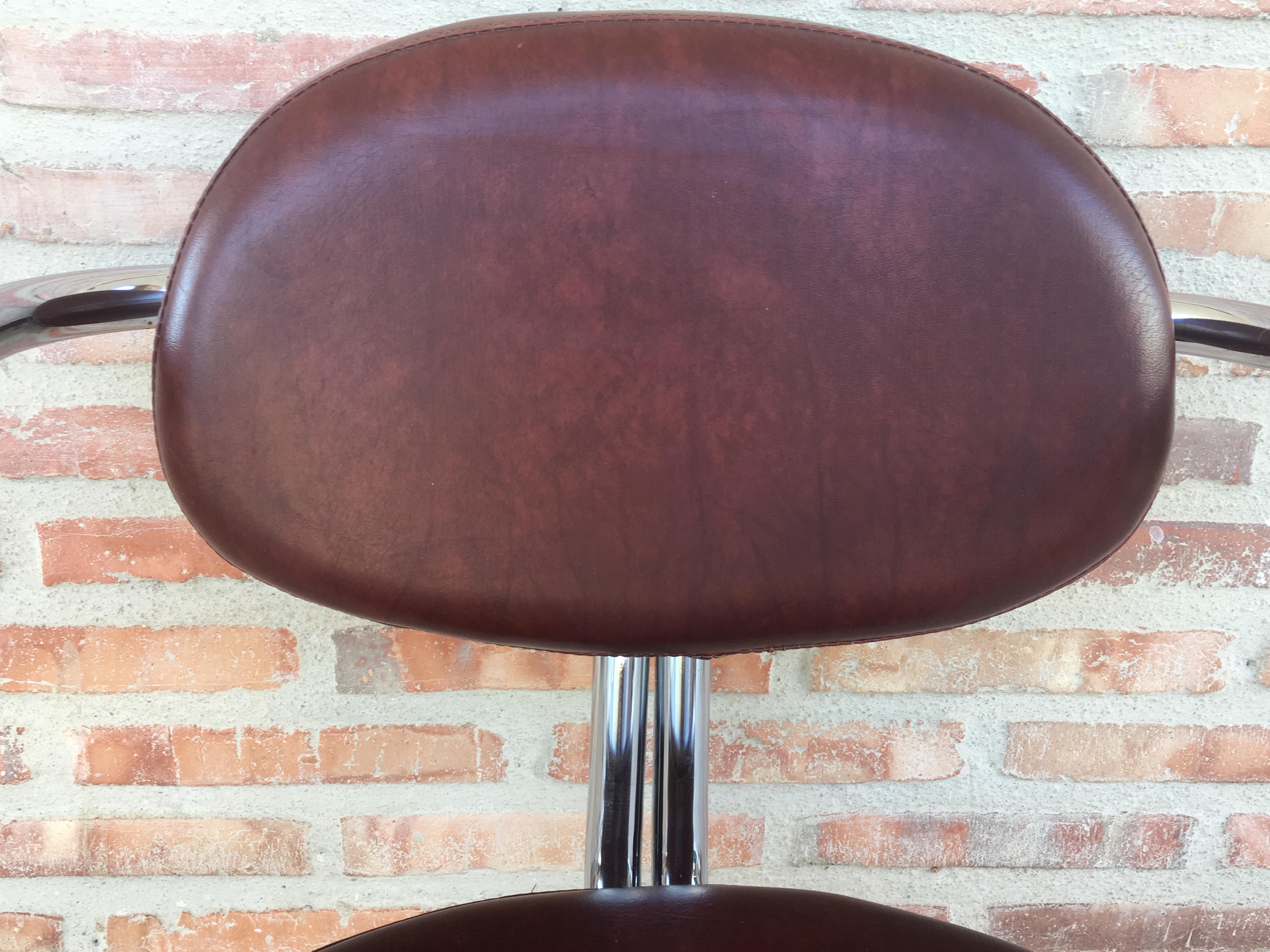 Vintage Italian Brown Leather and Chrome Armchairs, 1980s, Set of Five For Sale 5