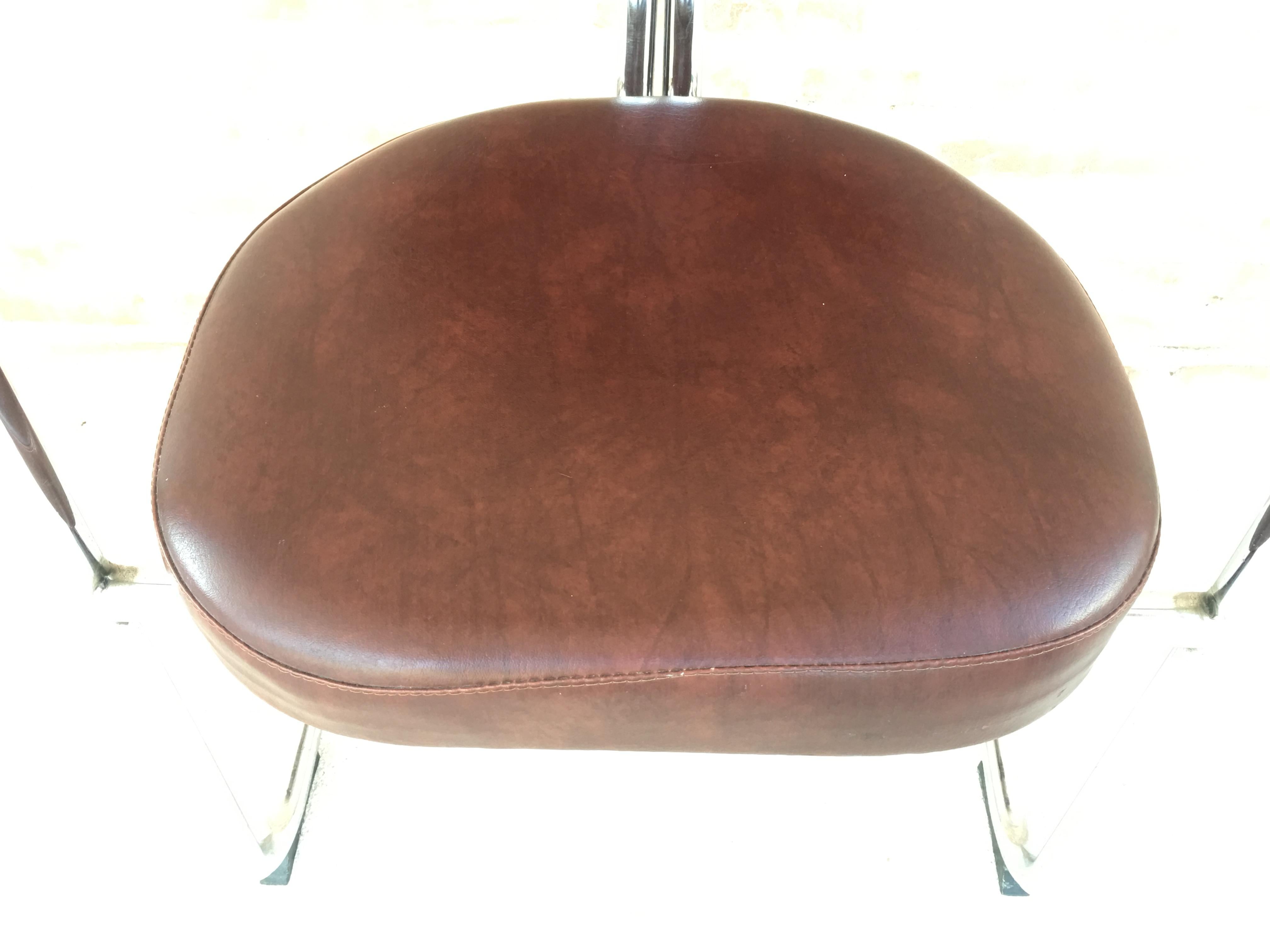 Vintage Italian Brown Leather and Chrome Armchairs, 1980s, Set of Five For Sale 6