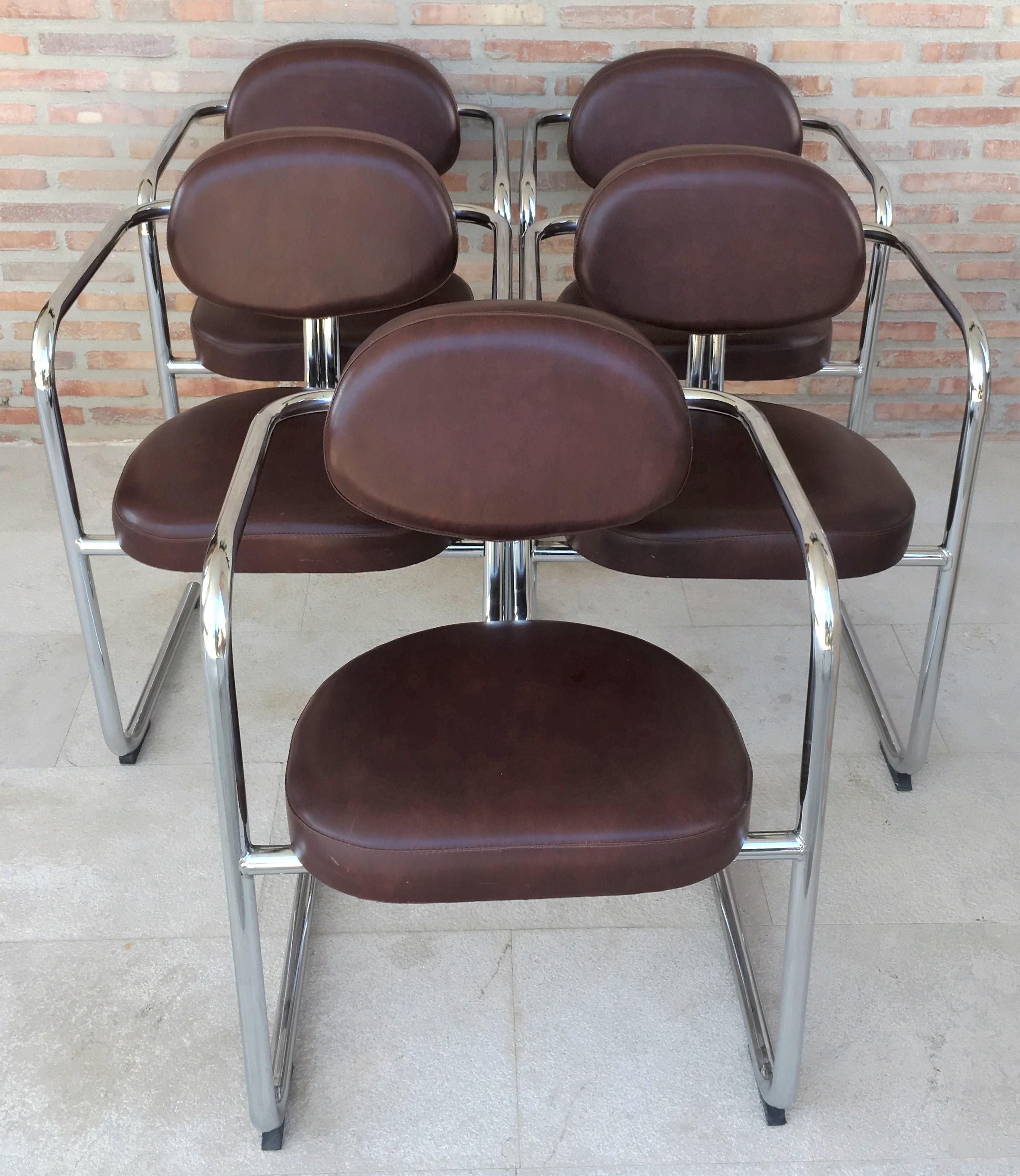 Mid-Century Modern Vintage Italian Brown Leather and Chrome Armchairs, 1980s, Set of Five For Sale