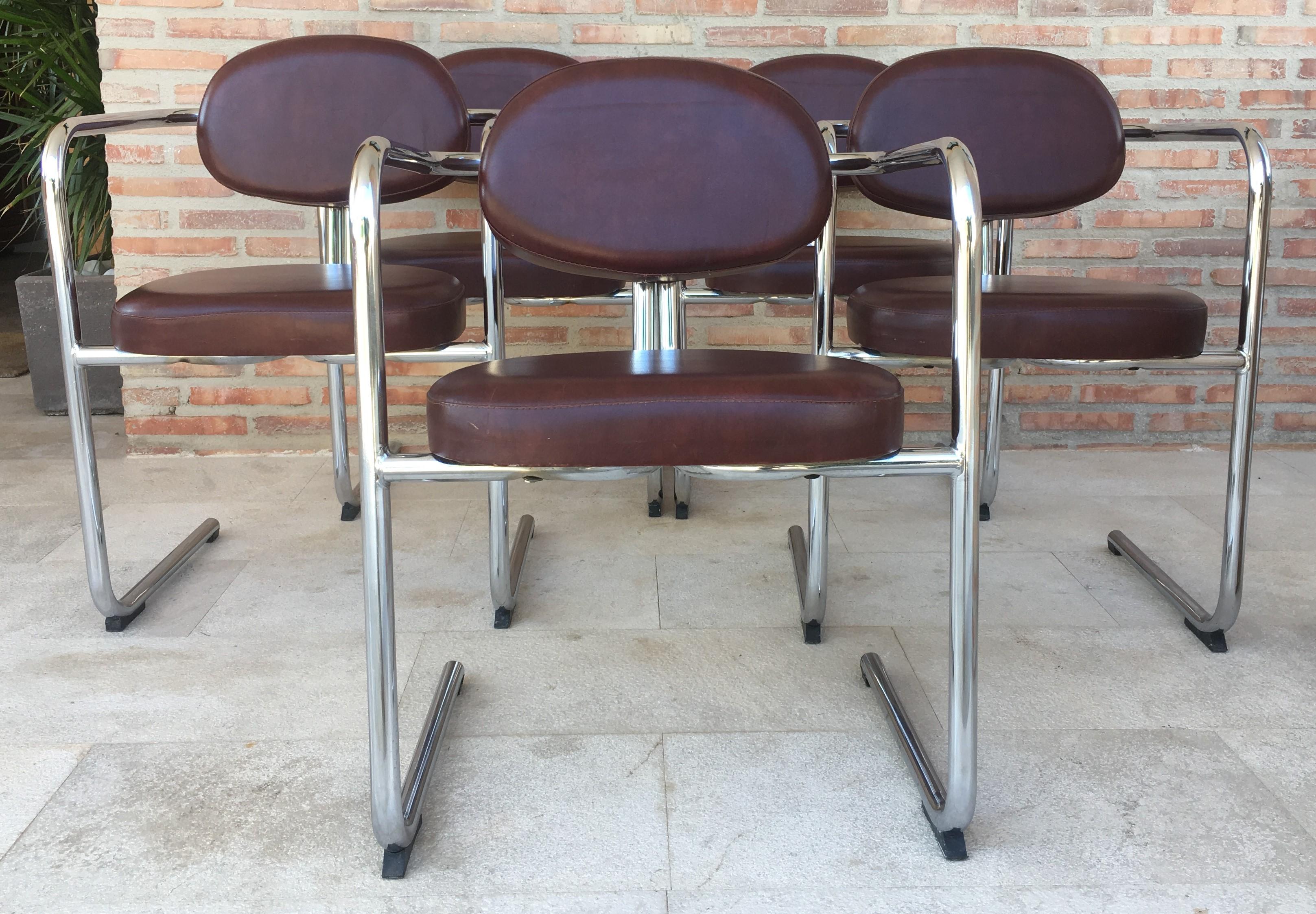 Vintage Italian Brown Leather and Chrome Armchairs, 1980s, Set of Five In Good Condition For Sale In Miami, FL