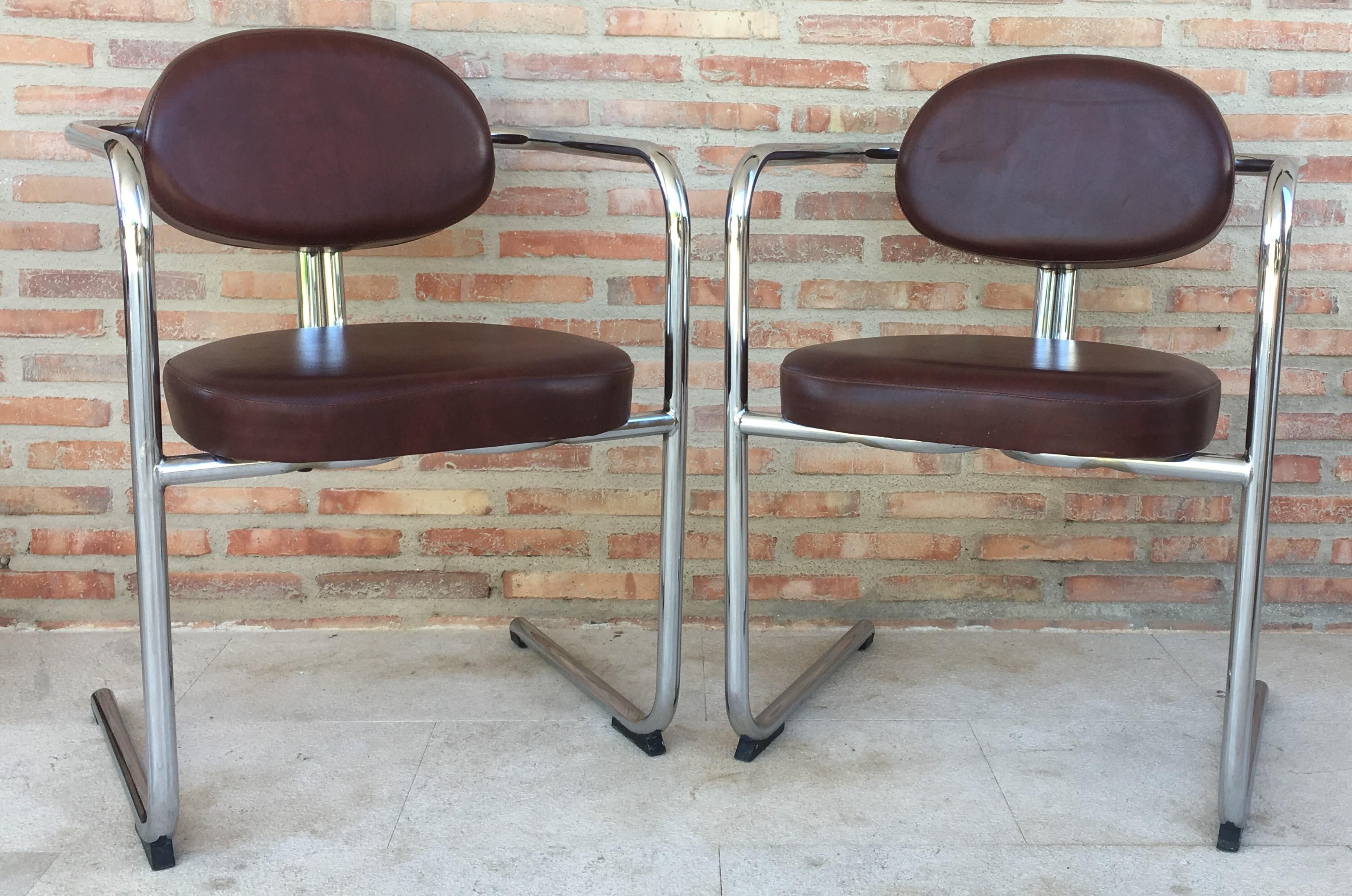 20th Century Vintage Italian Brown Leather and Chrome Armchairs, 1980s, Set of Five For Sale