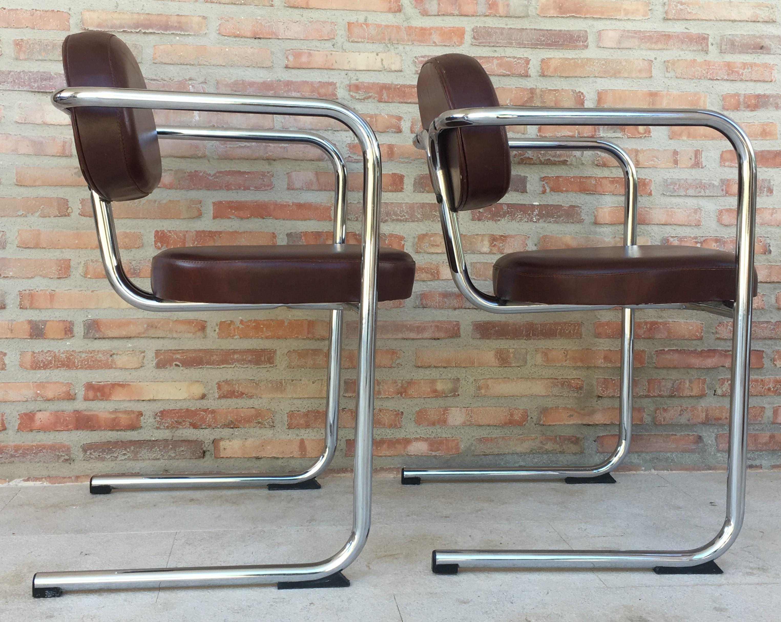 Vintage Italian Brown Leather and Chrome Armchairs, 1980s, Set of Five For Sale 1