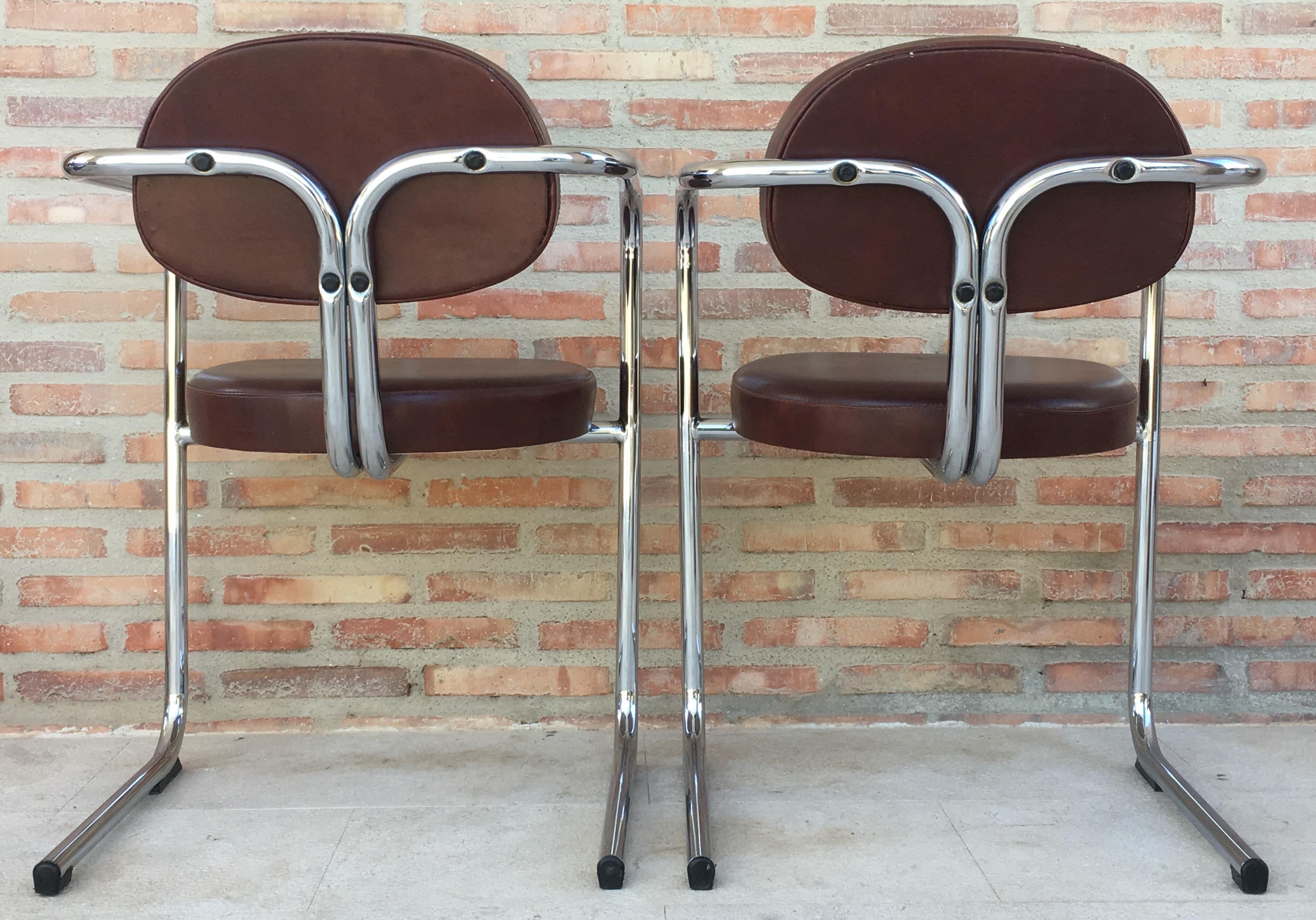 Vintage Italian Brown Leather and Chrome Armchairs, 1980s, Set of Five For Sale 2