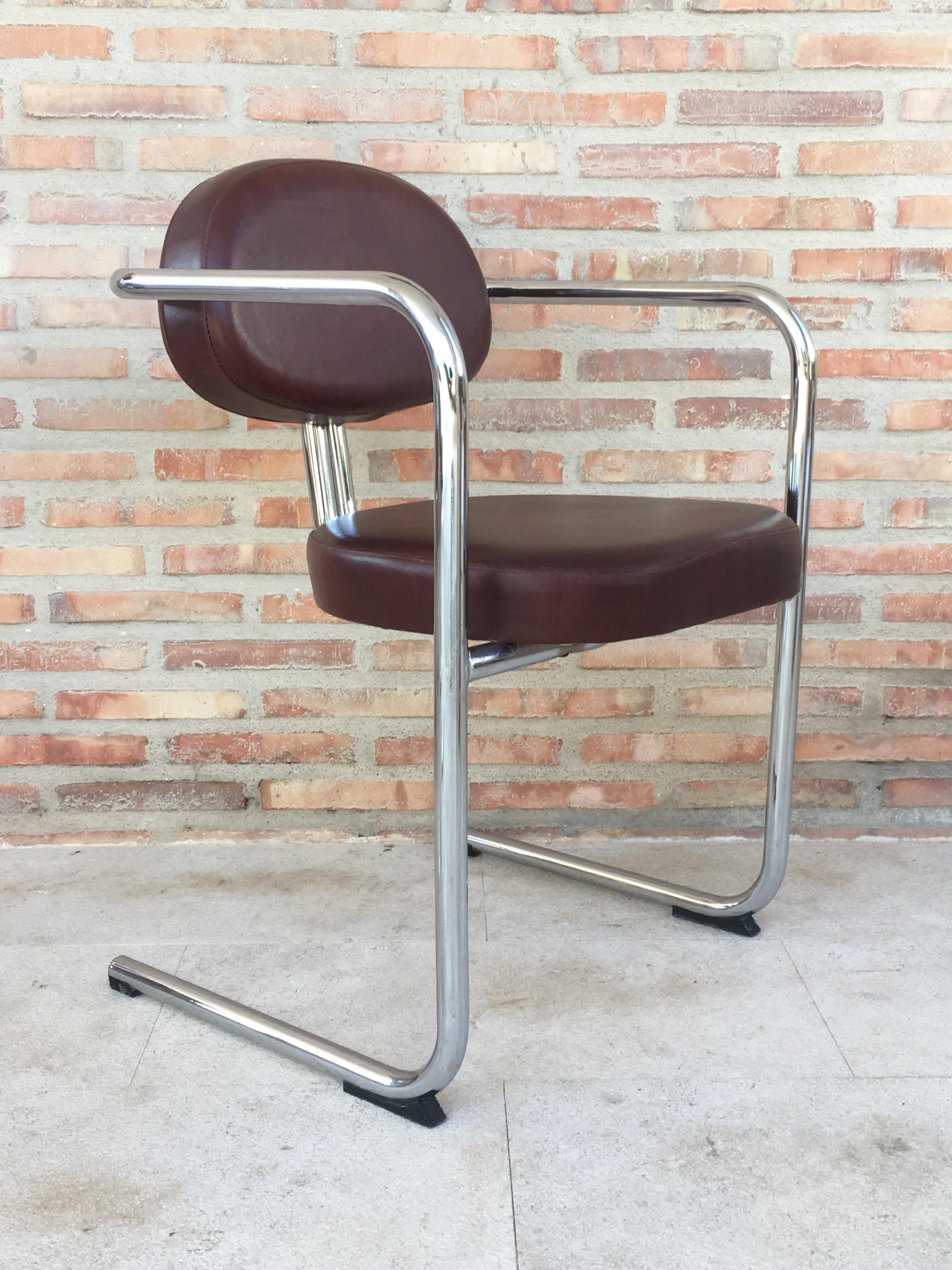 Vintage Italian Brown Leather and Chrome Armchairs, 1980s, Set of Five For Sale 3