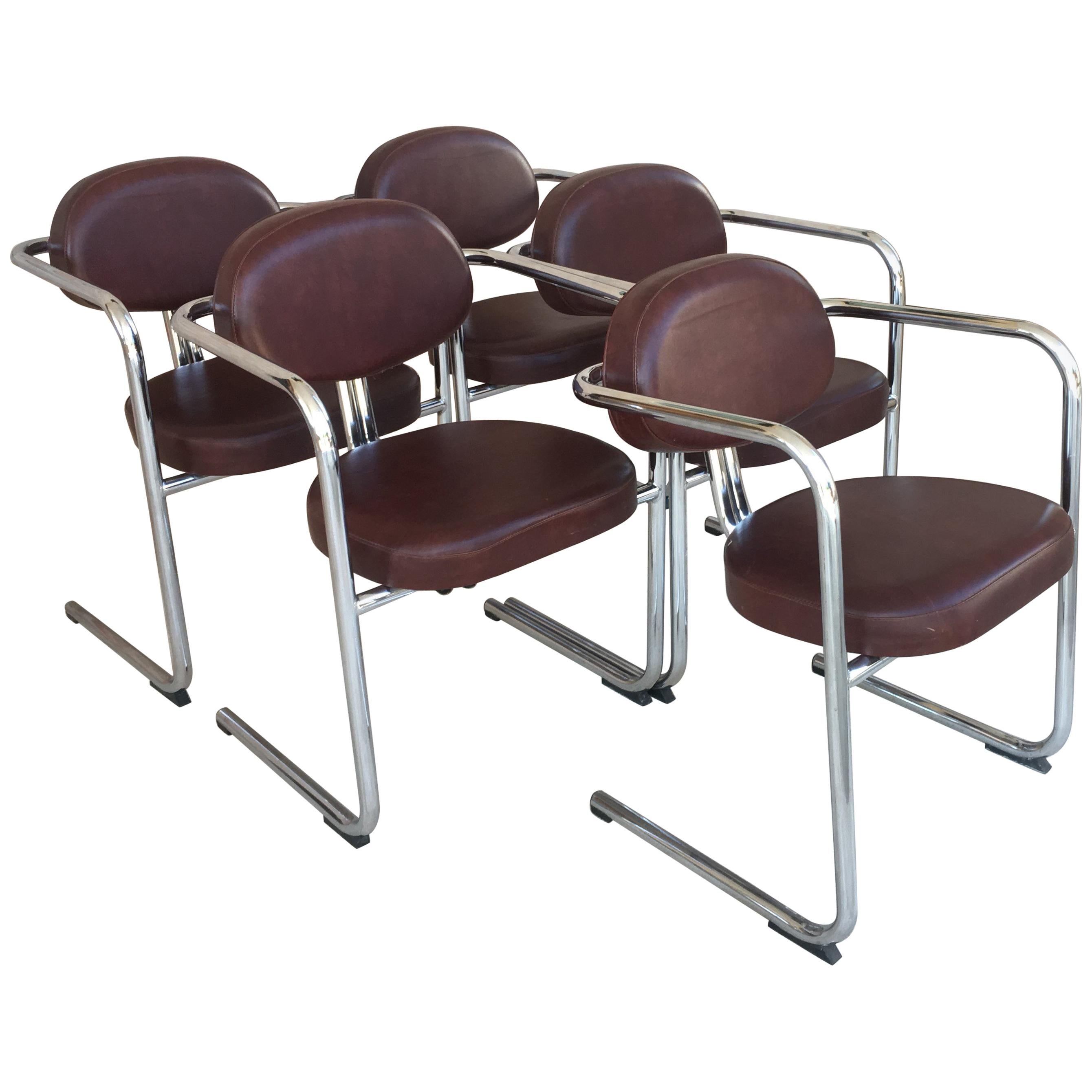 Vintage Italian Brown Leather and Chrome Armchairs, 1980s, Set of Five