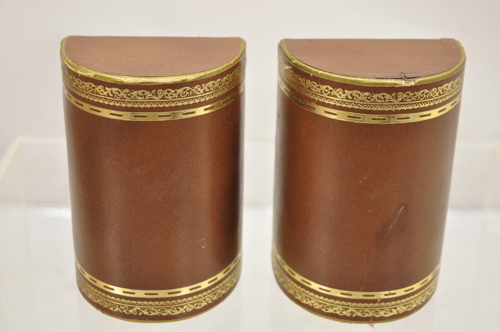 Vintage Italian Brown Leather Bound Gold Gilt Half Round Bookends For Sale 5