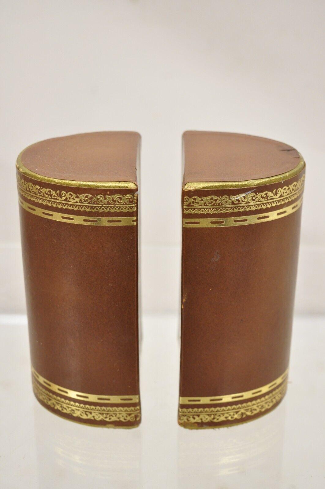 Classical Roman Vintage Italian Brown Leather Bound Gold Gilt Half Round Bookends For Sale