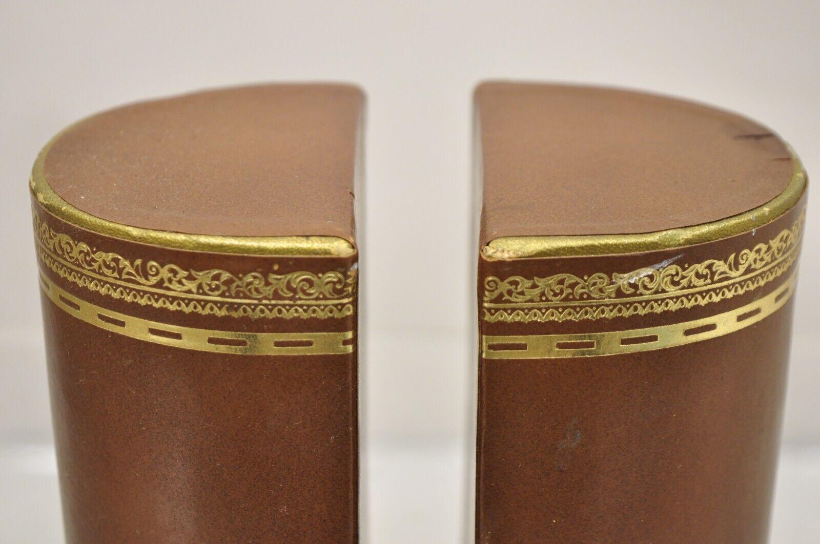 Vintage Italian Brown Leather Bound Gold Gilt Half Round Bookends In Good Condition For Sale In Philadelphia, PA
