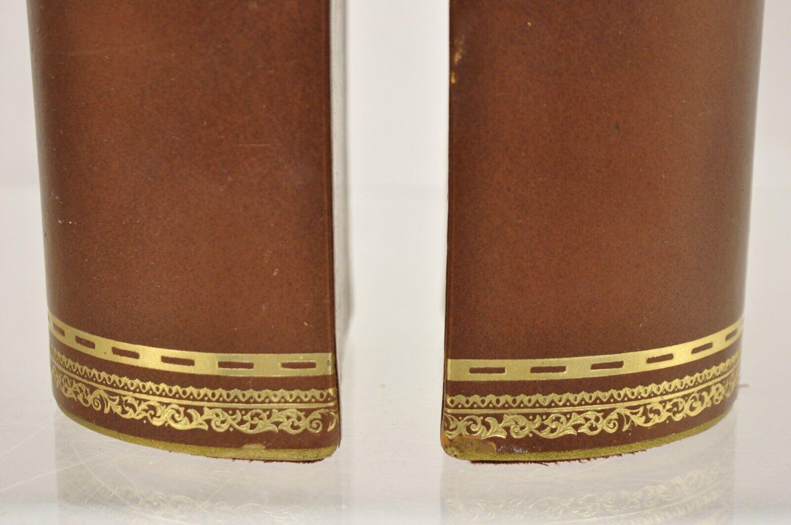 20th Century Vintage Italian Brown Leather Bound Gold Gilt Half Round Bookends For Sale