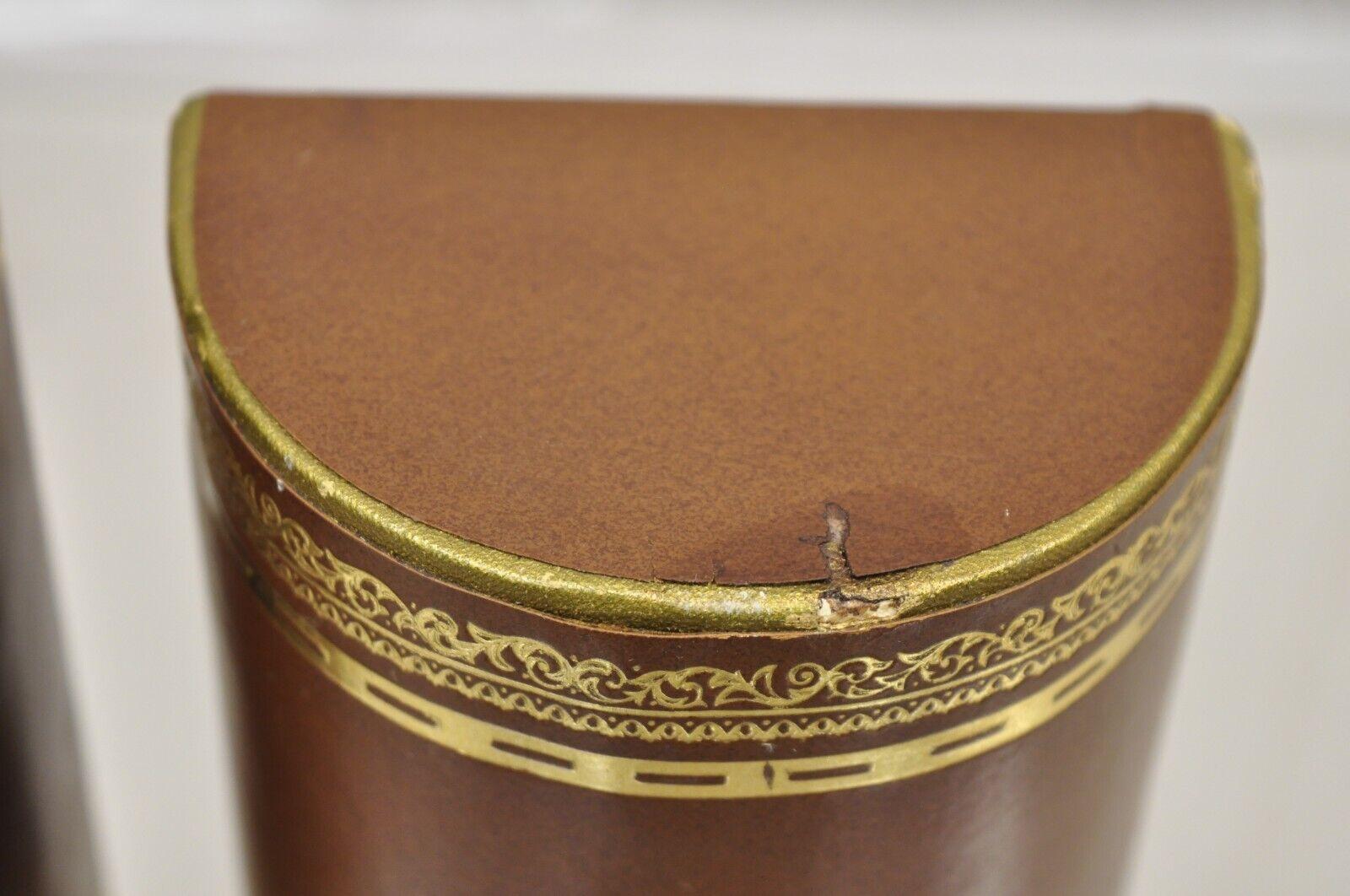 Vintage Italian Brown Leather Bound Gold Gilt Half Round Bookends For Sale 2