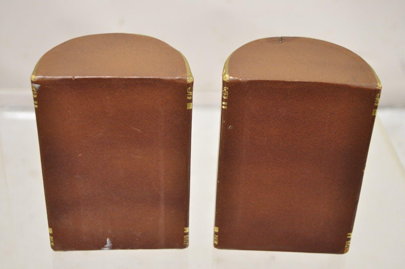 Vintage Italian Brown Leather Bound Gold Gilt Half Round Bookends For Sale 3