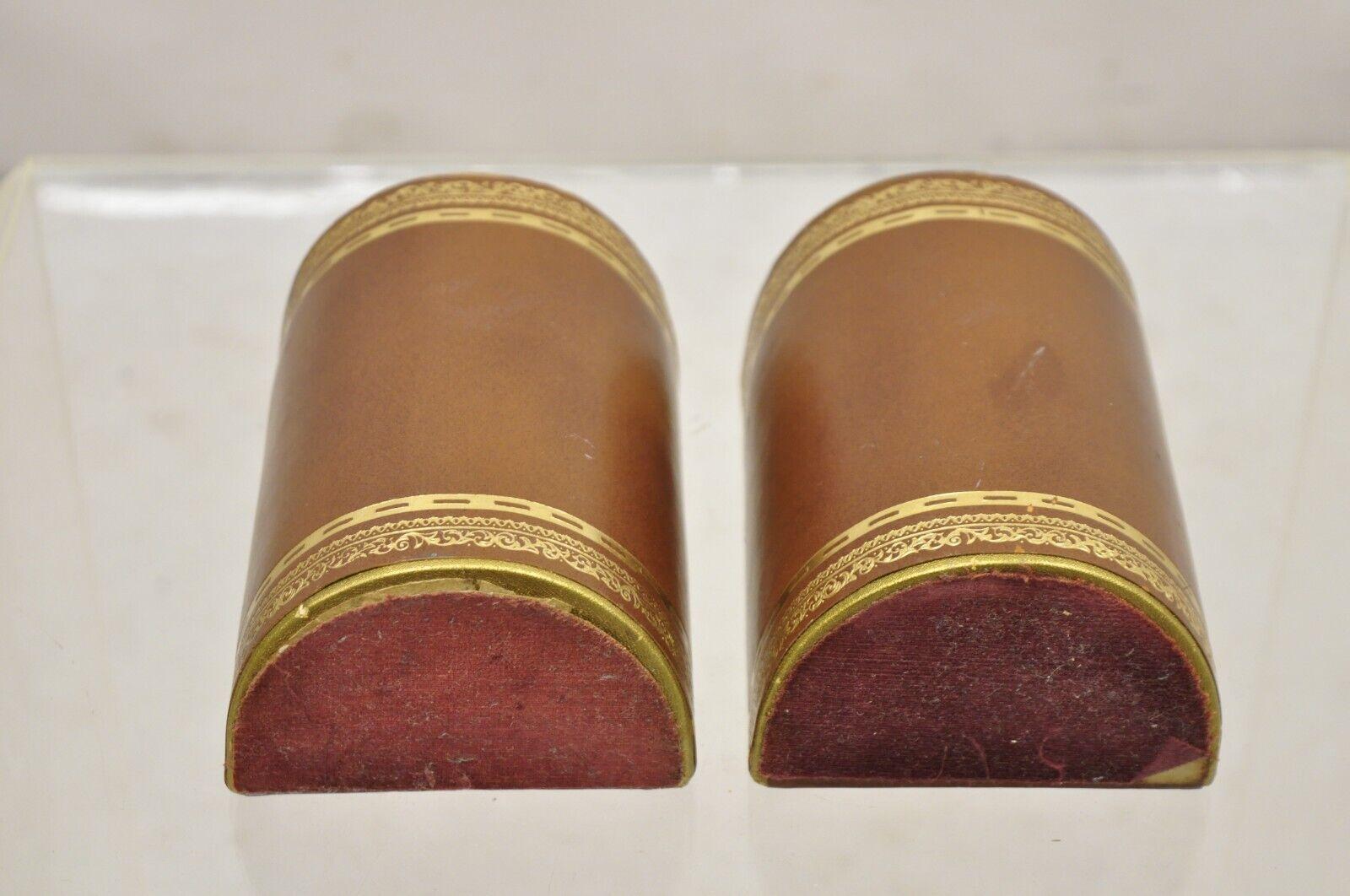 Vintage Italian Brown Leather Bound Gold Gilt Half Round Bookends For Sale 4