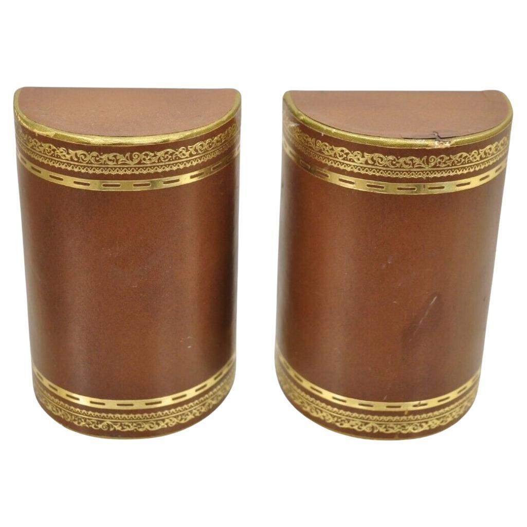 Vintage Italian Brown Leather Bound Gold Gilt Half Round Bookends