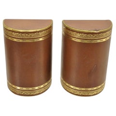 Vintage Italian Brown Leather Bound Gold Gilt Half Round Bookends