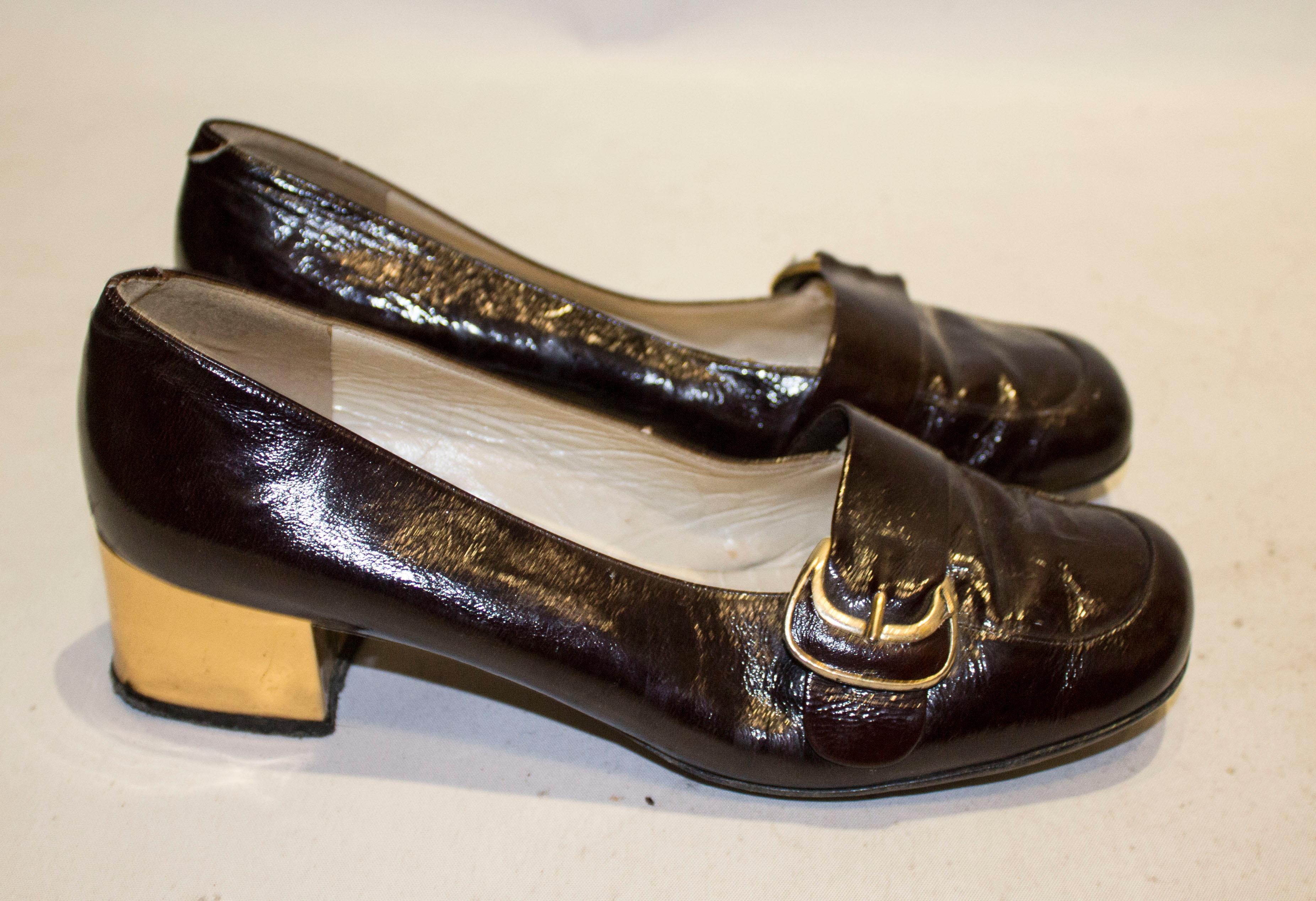 Women's Vintage Italian Brown Patent and Gold Shoes